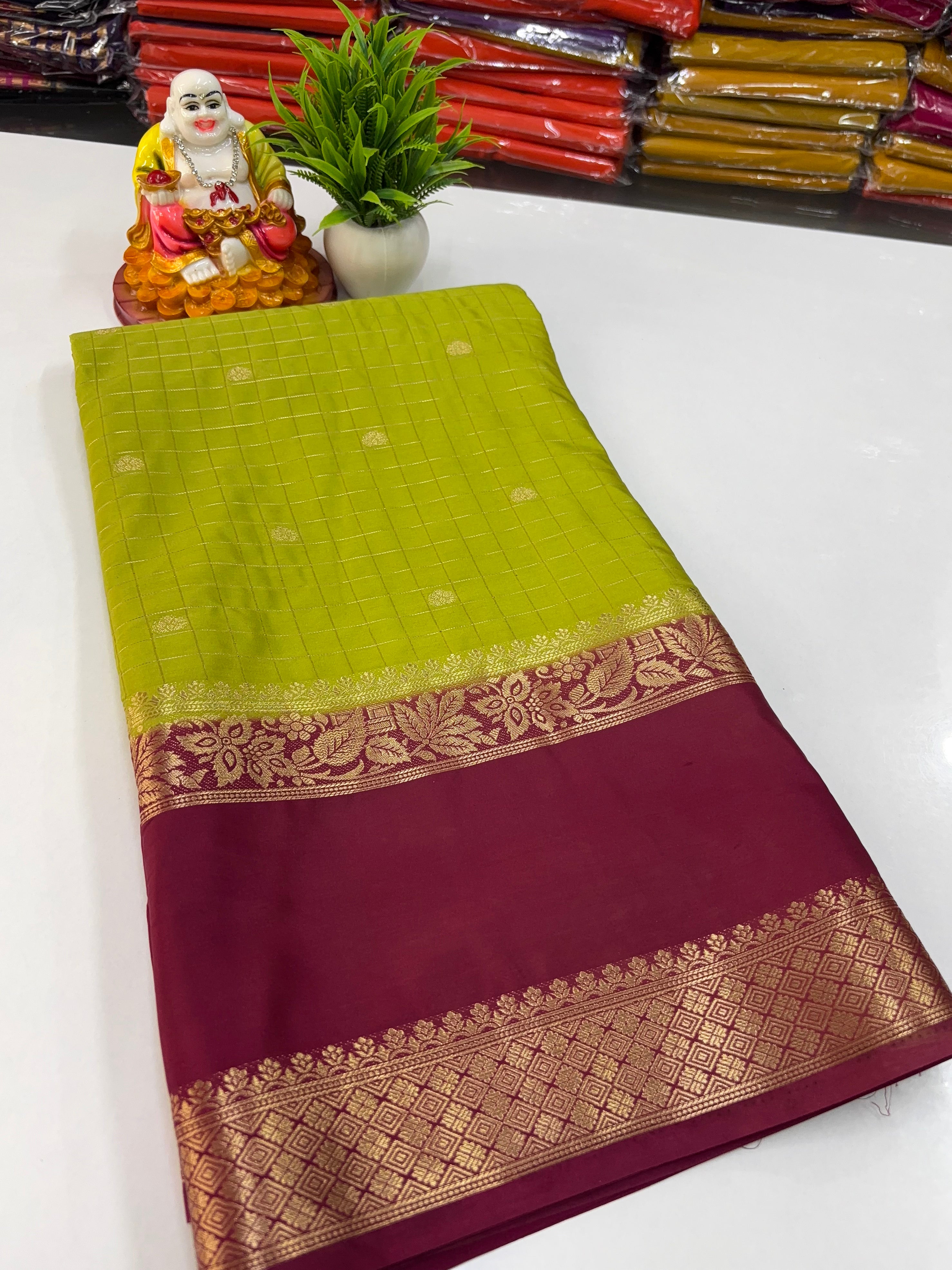 Mysore Crepe Silk Saree with Beautiful Checks Pattern &amp; Buttas – Padmavathi Silks and Sarees