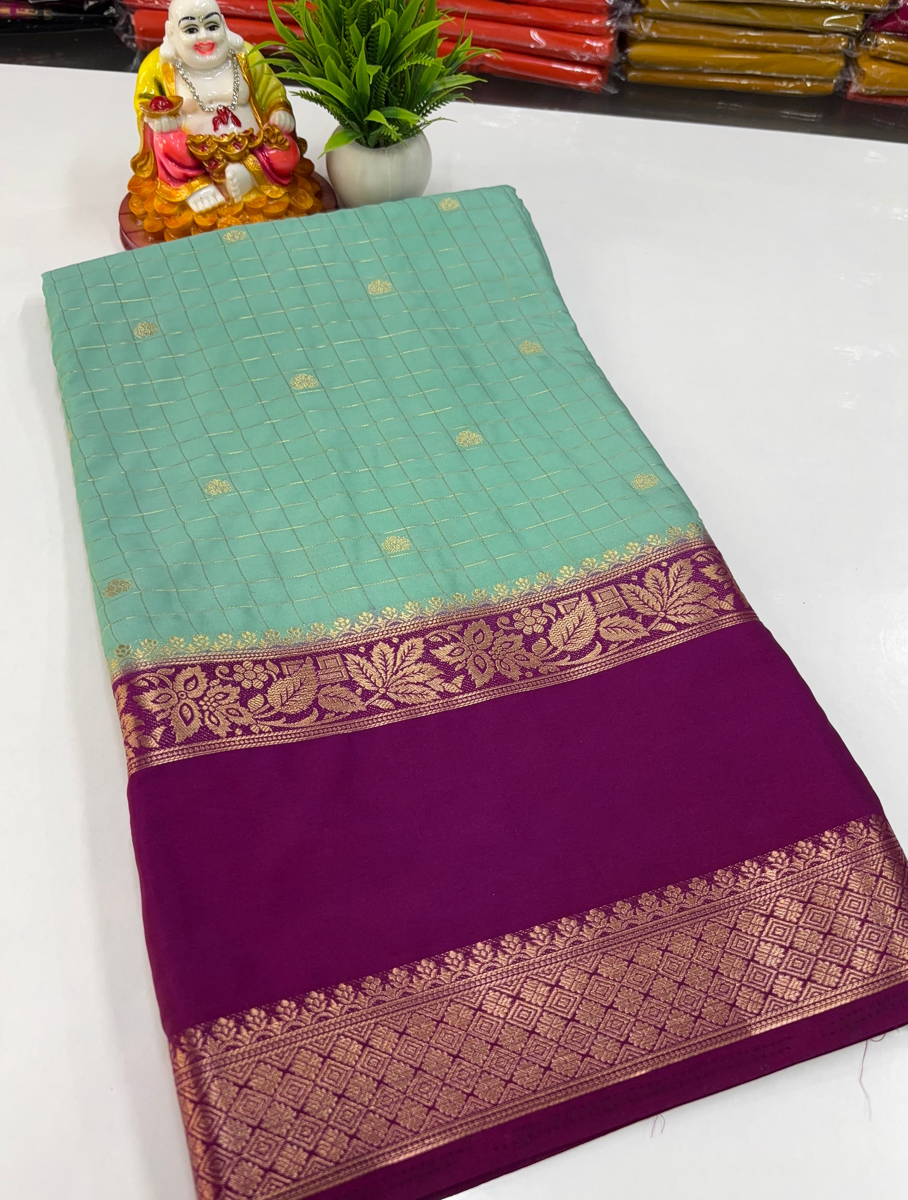 Mysore Crepe Silk Saree with Beautiful Checks Pattern &amp; Buttas – Padmavathi Silks and Sarees
