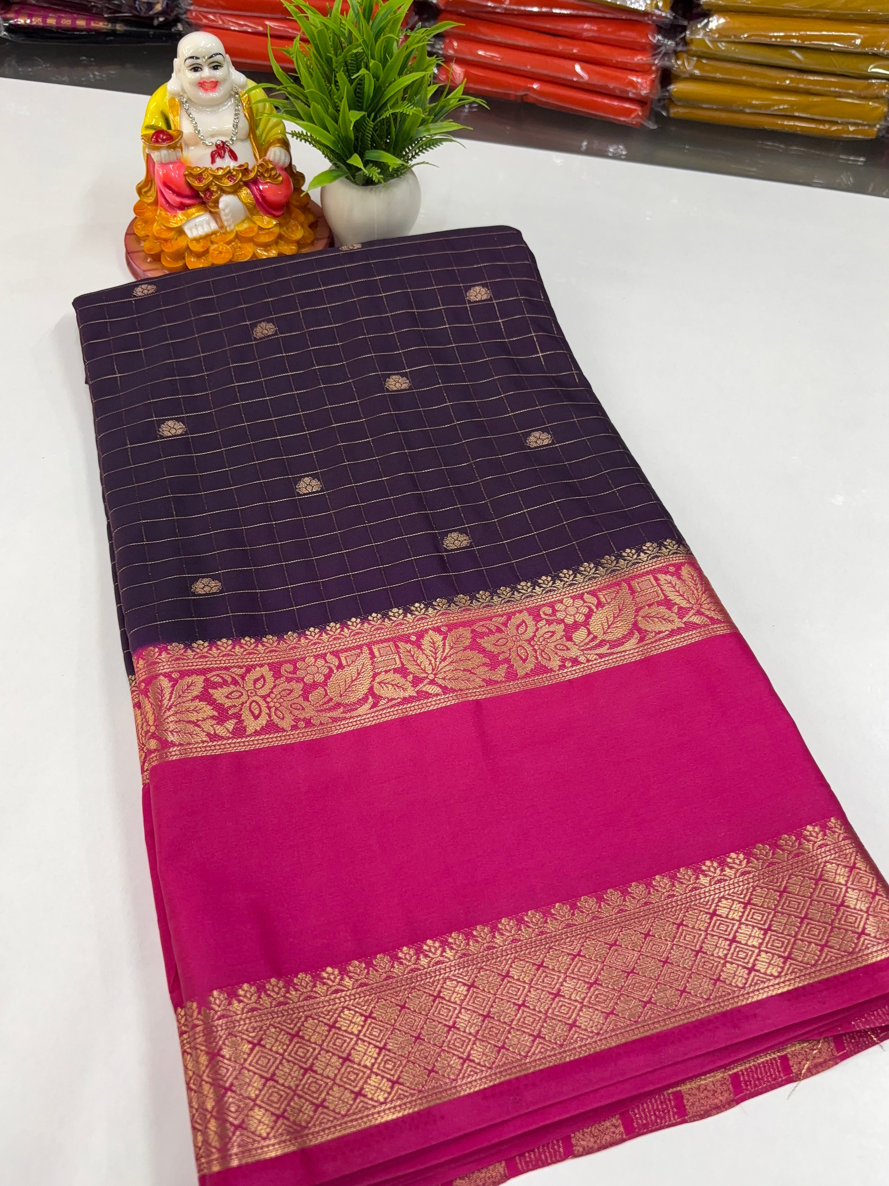 Mysore Crepe Silk Saree with Beautiful Checks Pattern &amp; Buttas – Padmavathi Silks and Sarees