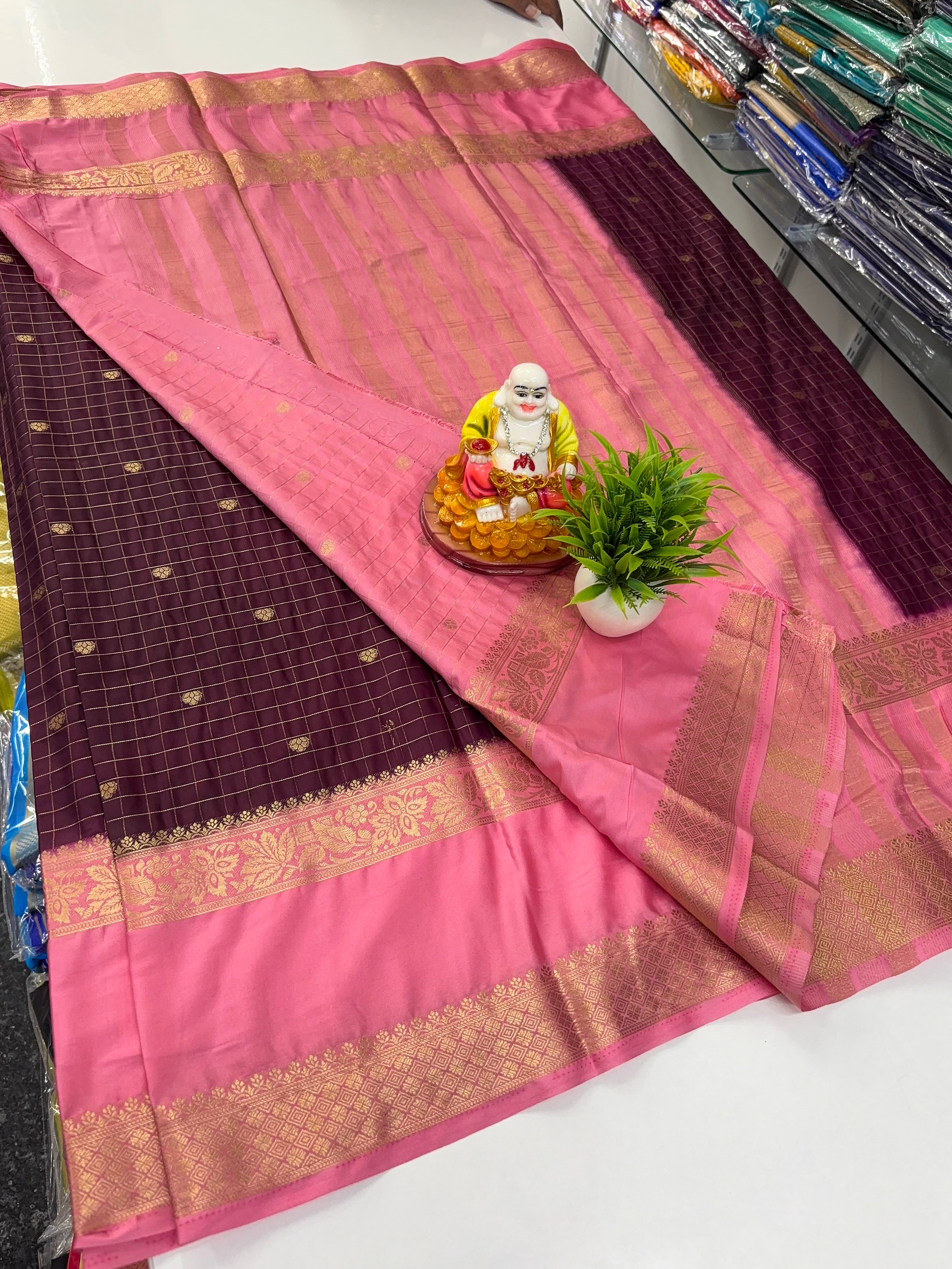 Mysore Crepe Silk Saree with Beautiful Checks Pattern &amp; Buttas – Padmavathi Silks and Sarees