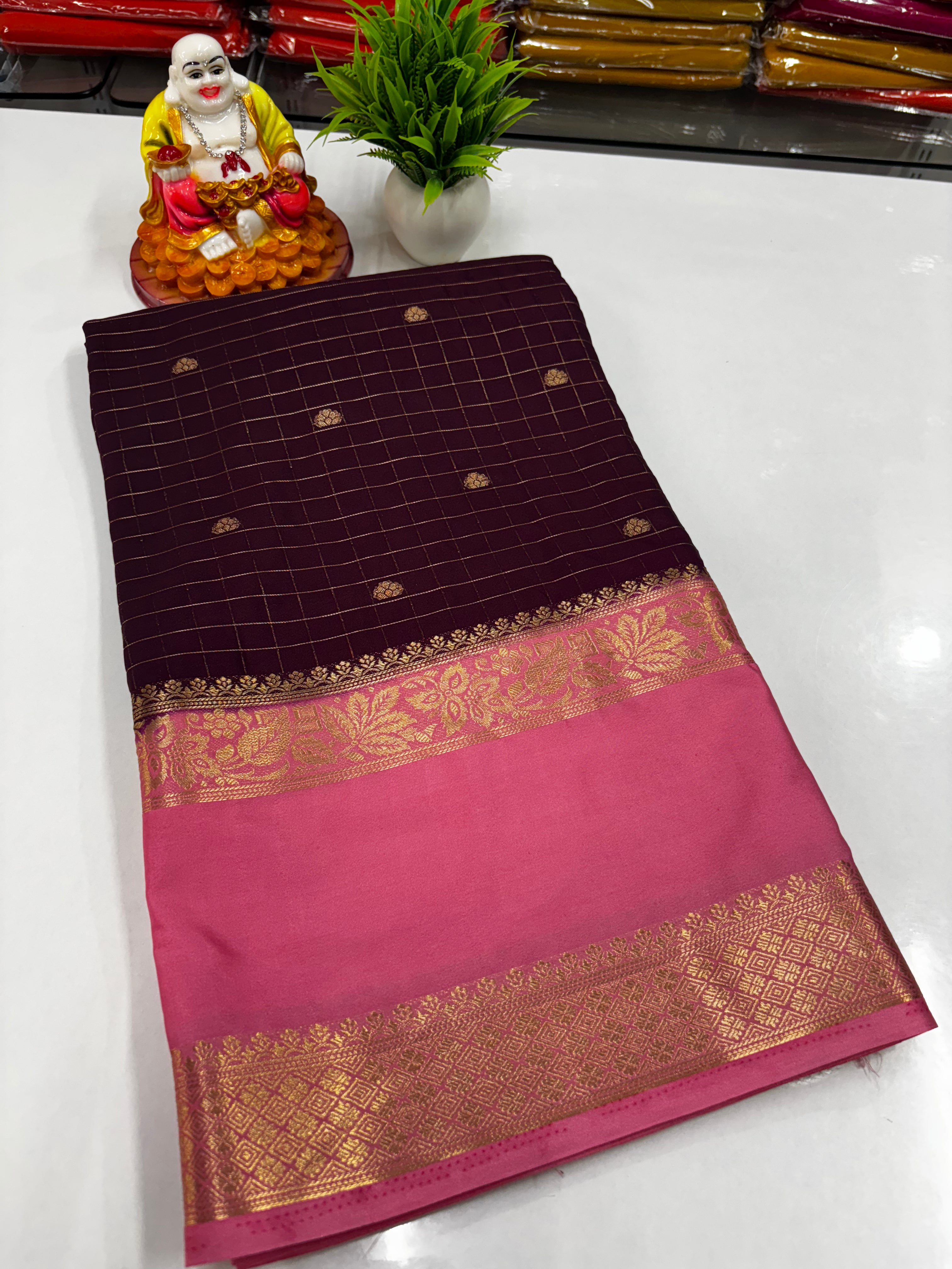 Mysore Crepe Silk Saree with Beautiful Checks Pattern &amp; Buttas – Padmavathi Silks and Sarees
