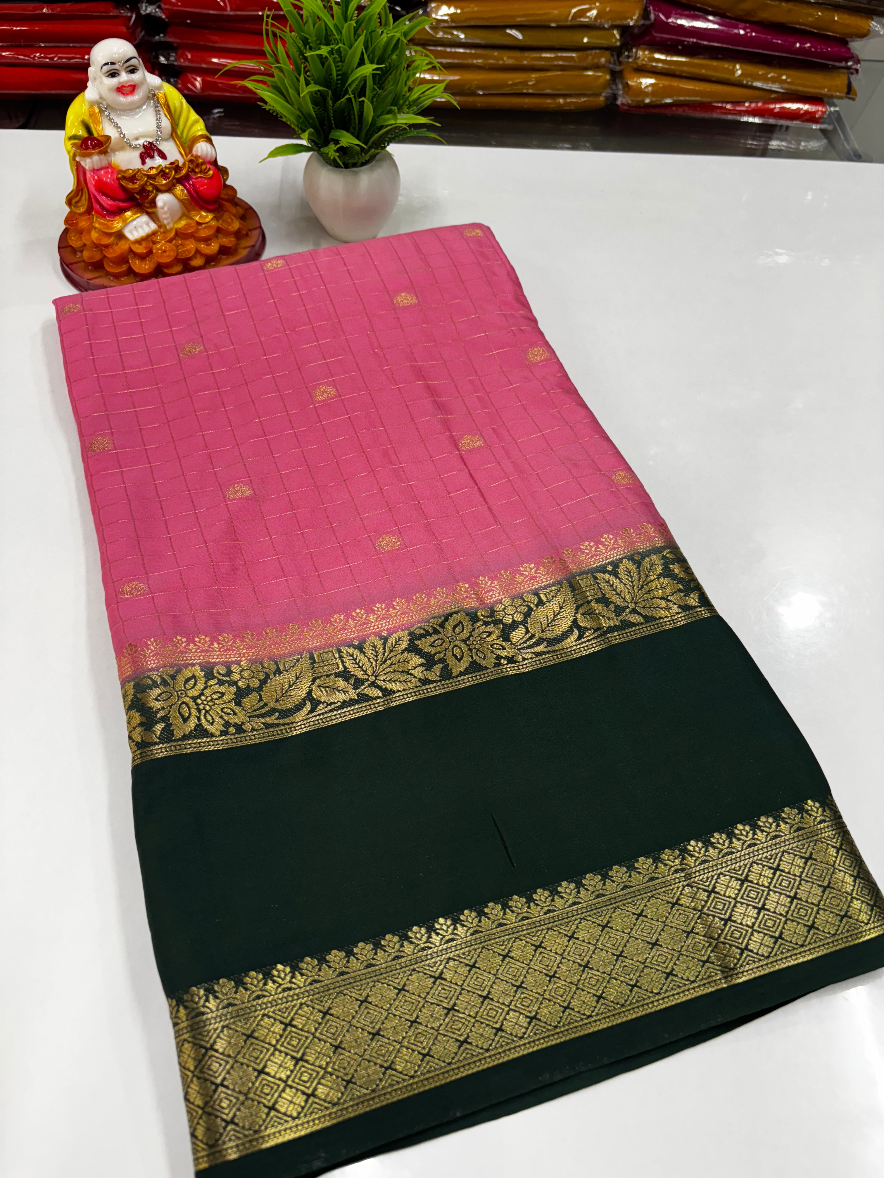 Mysore Crepe Silk Saree with Beautiful Checks Pattern &amp; Buttas – Padmavathi Silks and Sarees