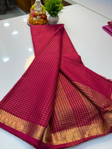 Beautiful Mysore Crepe Silk Saree with Checks Pattern & Small Border – Padmavathi Silks and Sarees