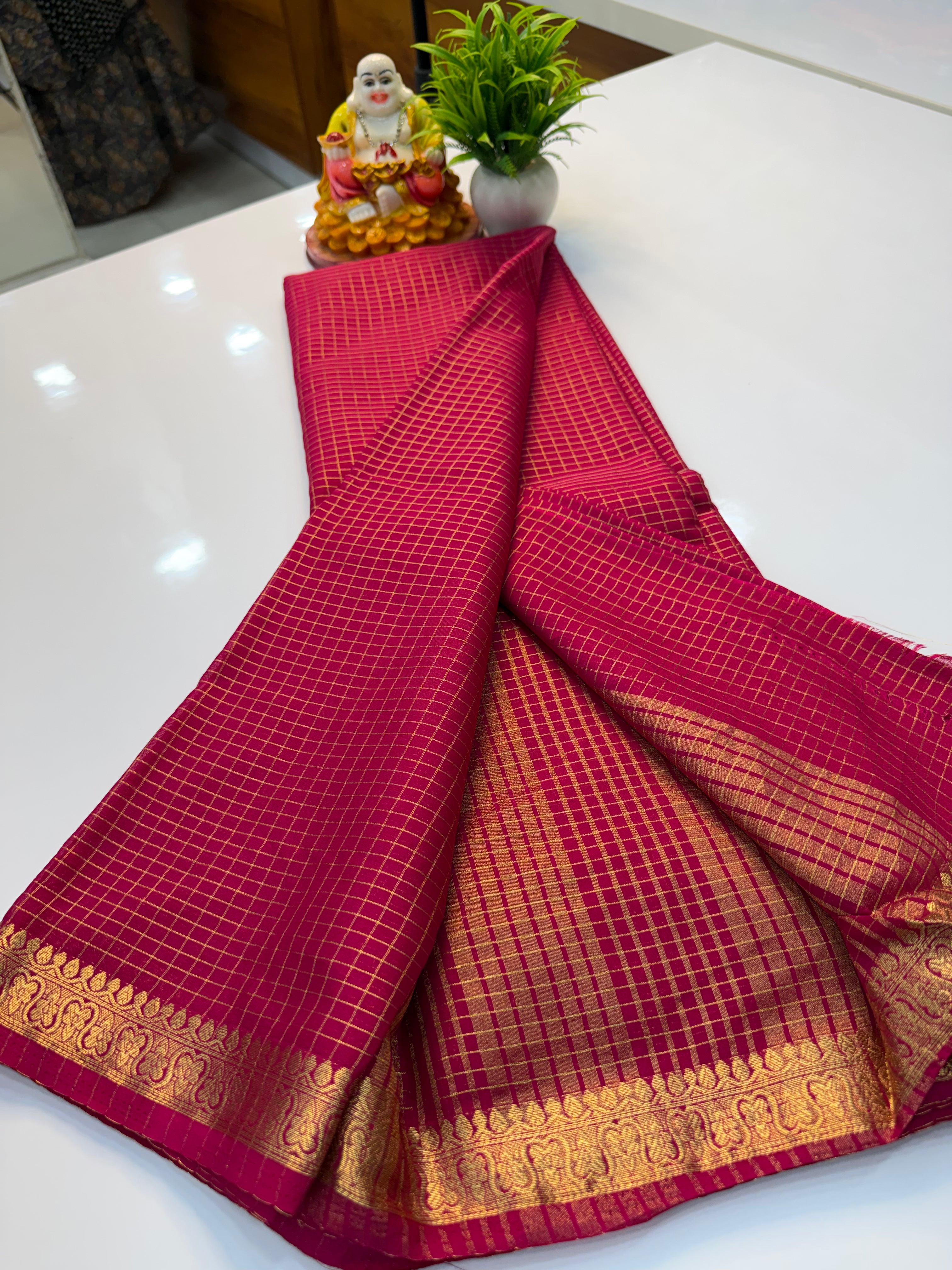 Beautiful Mysore Crepe Silk Saree with Checks Pattern & Small Border – Padmavathi Silks and Sarees