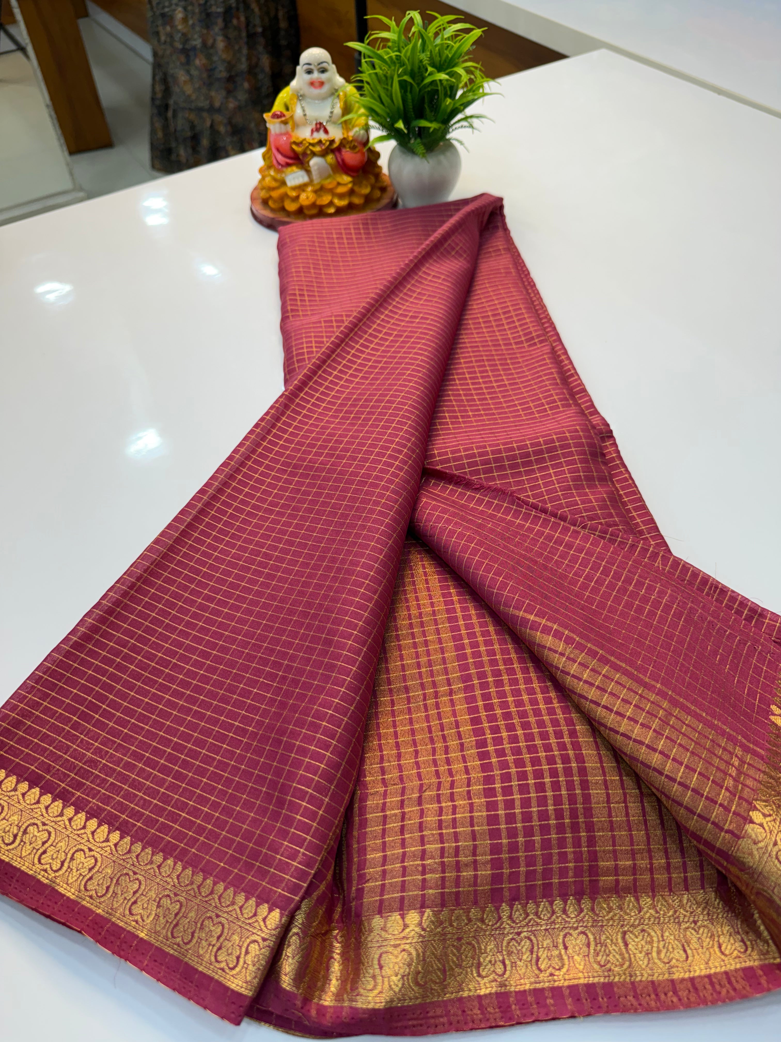 Beautiful Mysore Crepe Silk Saree with Checks Pattern & Small Border – Padmavathi Silks and Sarees