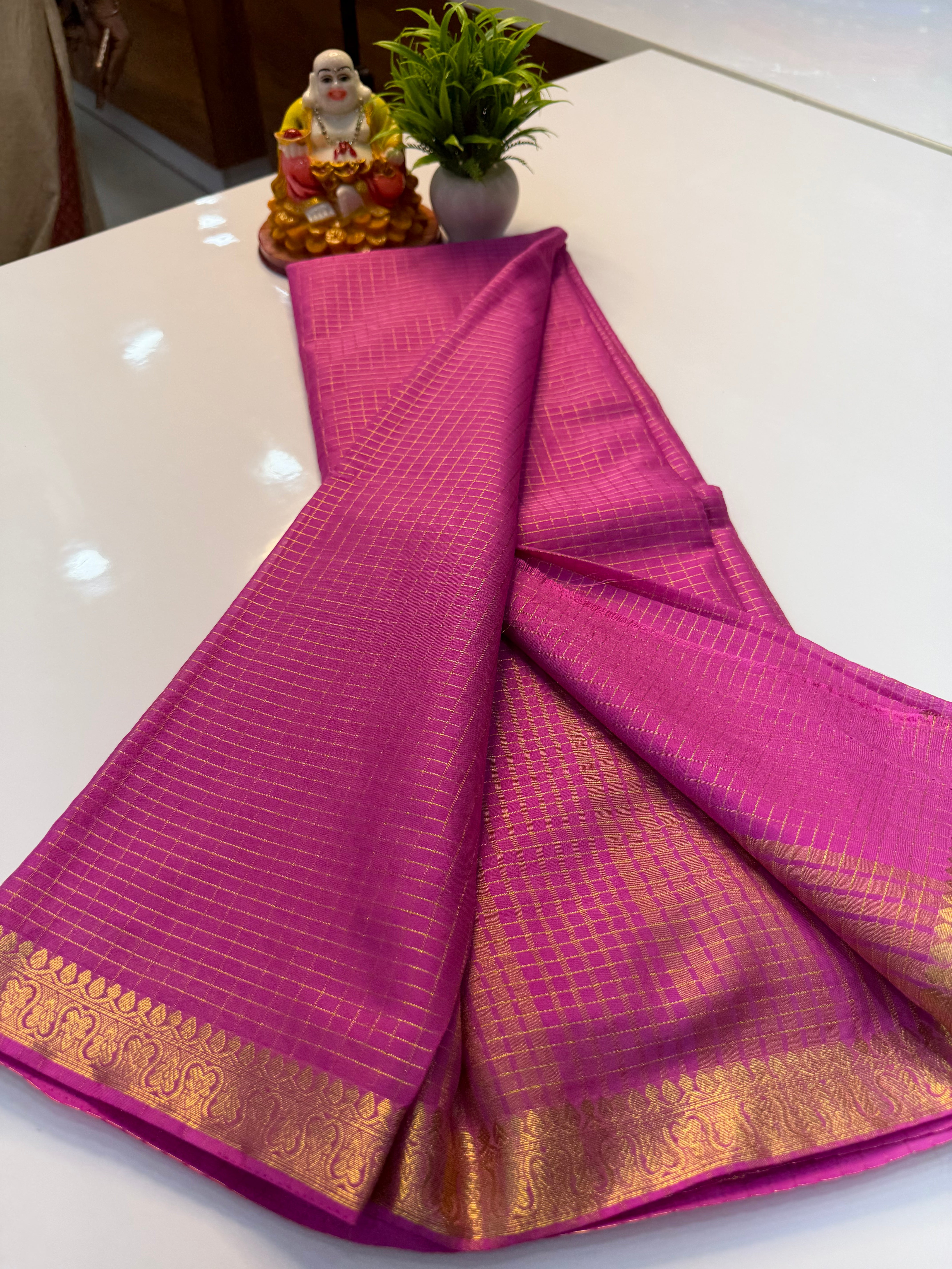 Beautiful Mysore Crepe Silk Saree with Checks Pattern & Small Border – Padmavathi Silks and Sarees