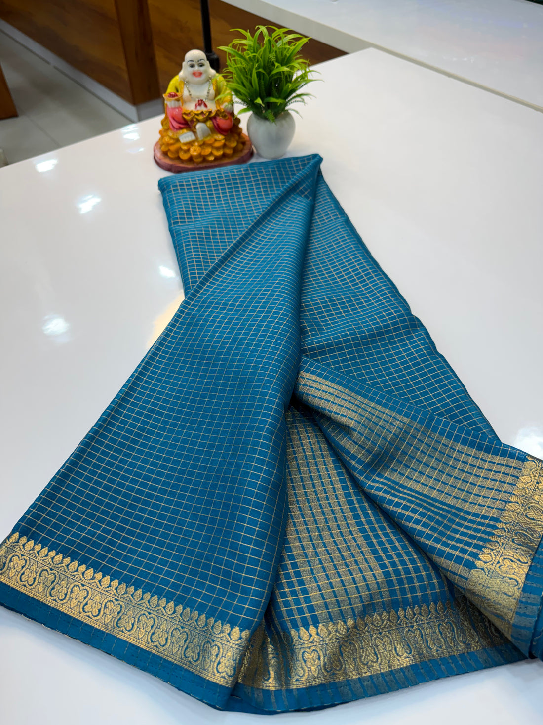 Beautiful Mysore Crepe Silk Saree with Checks Pattern & Small Border – Padmavathi Silks and Sarees