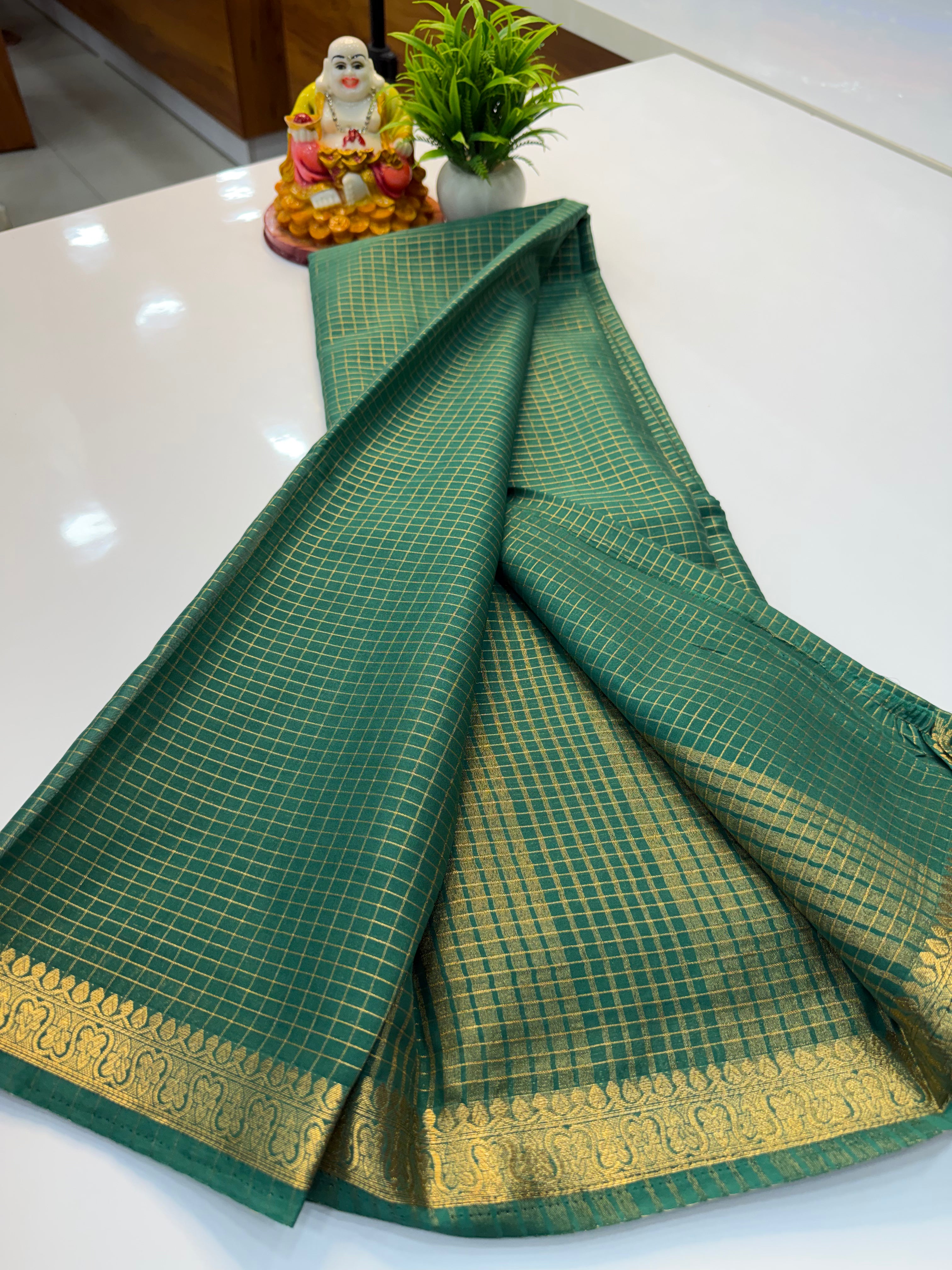 Beautiful Mysore Crepe Silk Saree with Checks Pattern & Small Border – Padmavathi Silks and Sarees