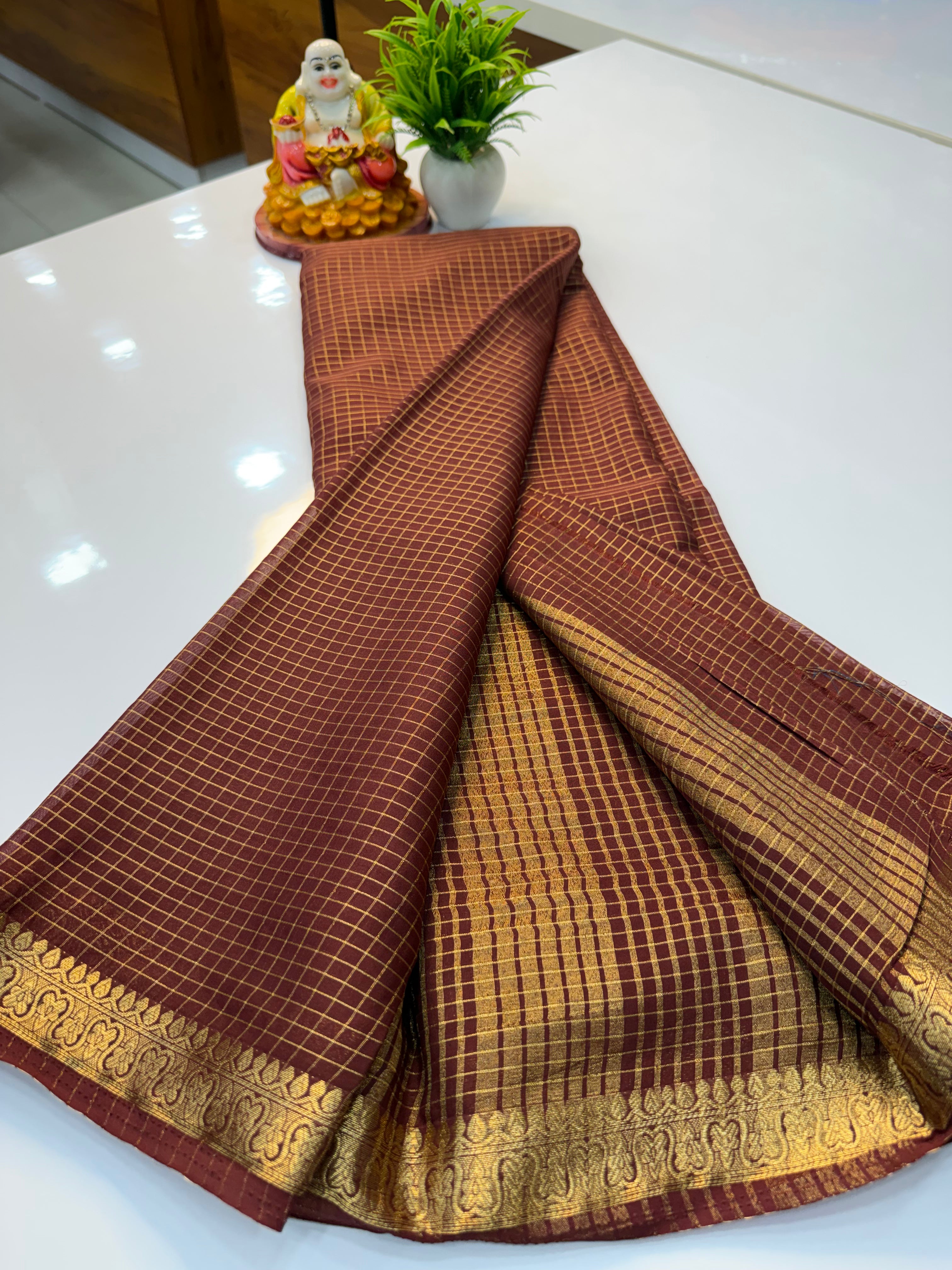 Beautiful Mysore Crepe Silk Saree with Checks Pattern & Small Border – Padmavathi Silks and Sarees