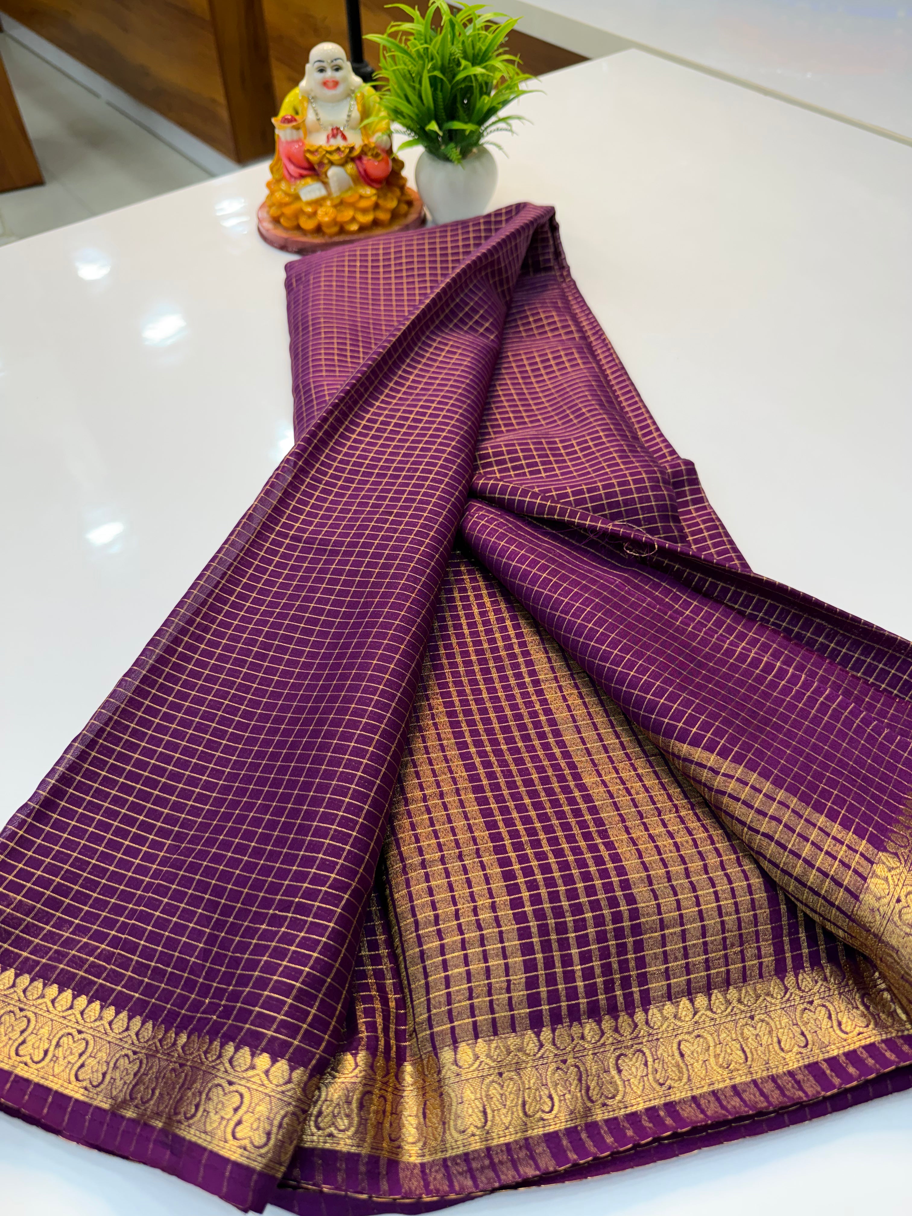 Beautiful Mysore Crepe Silk Saree with Checks Pattern & Small Border – Padmavathi Silks and Sarees