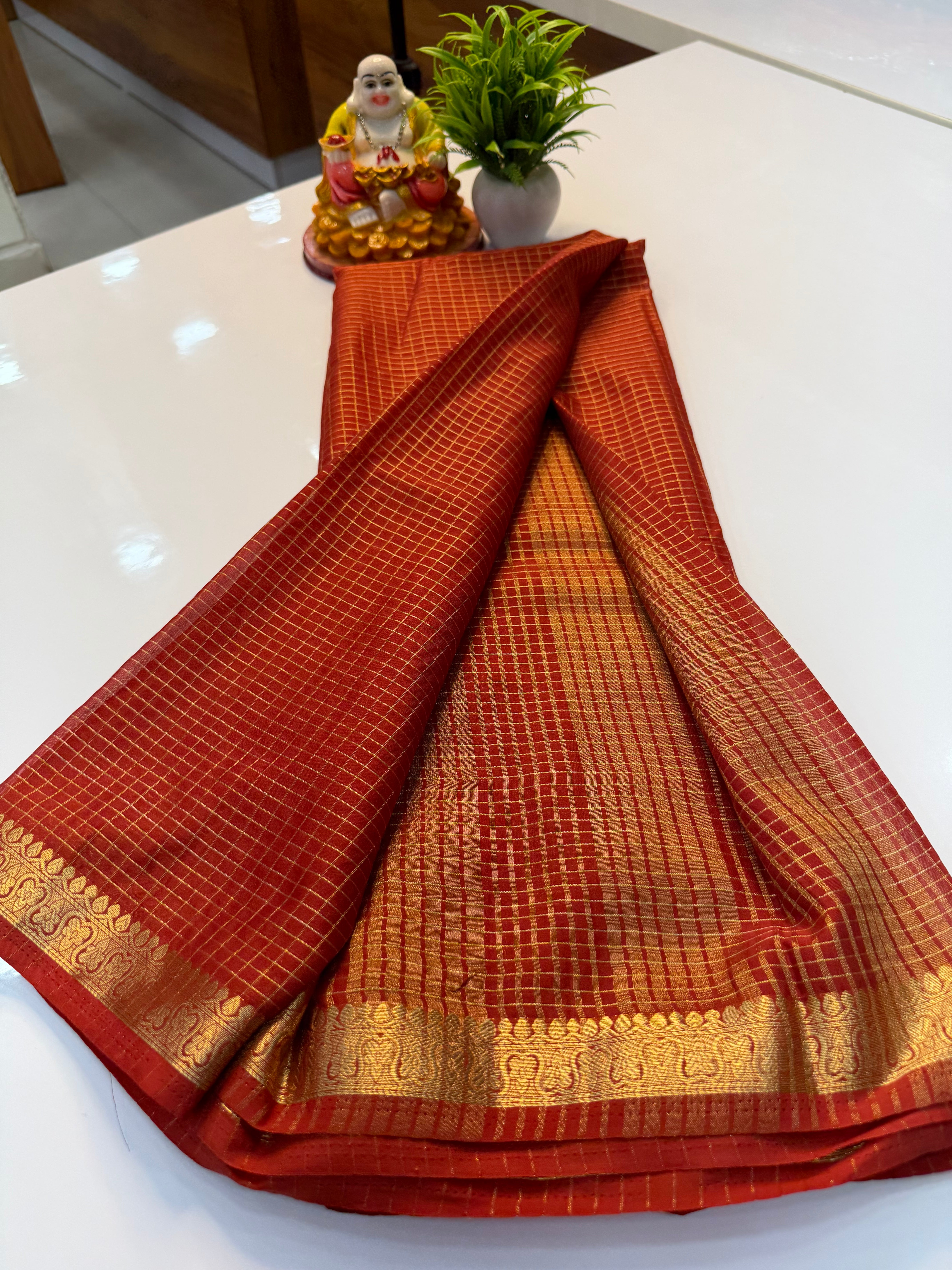 Beautiful Mysore Crepe Silk Saree with Checks Pattern & Small Border – Padmavathi Silks and Sarees