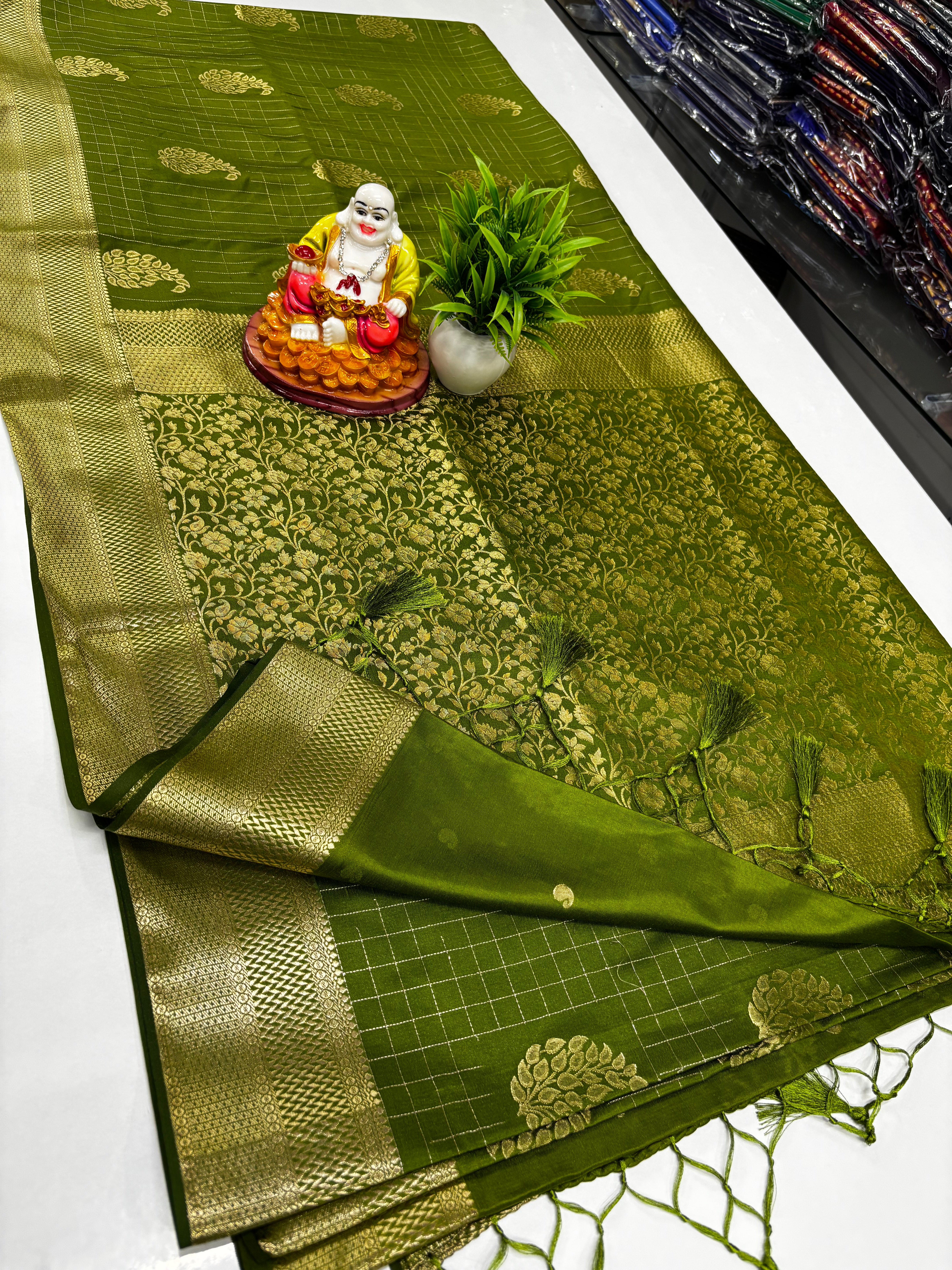 Premium Satin Saree with Rich Pallu & Butta Blouse-elagant and shining