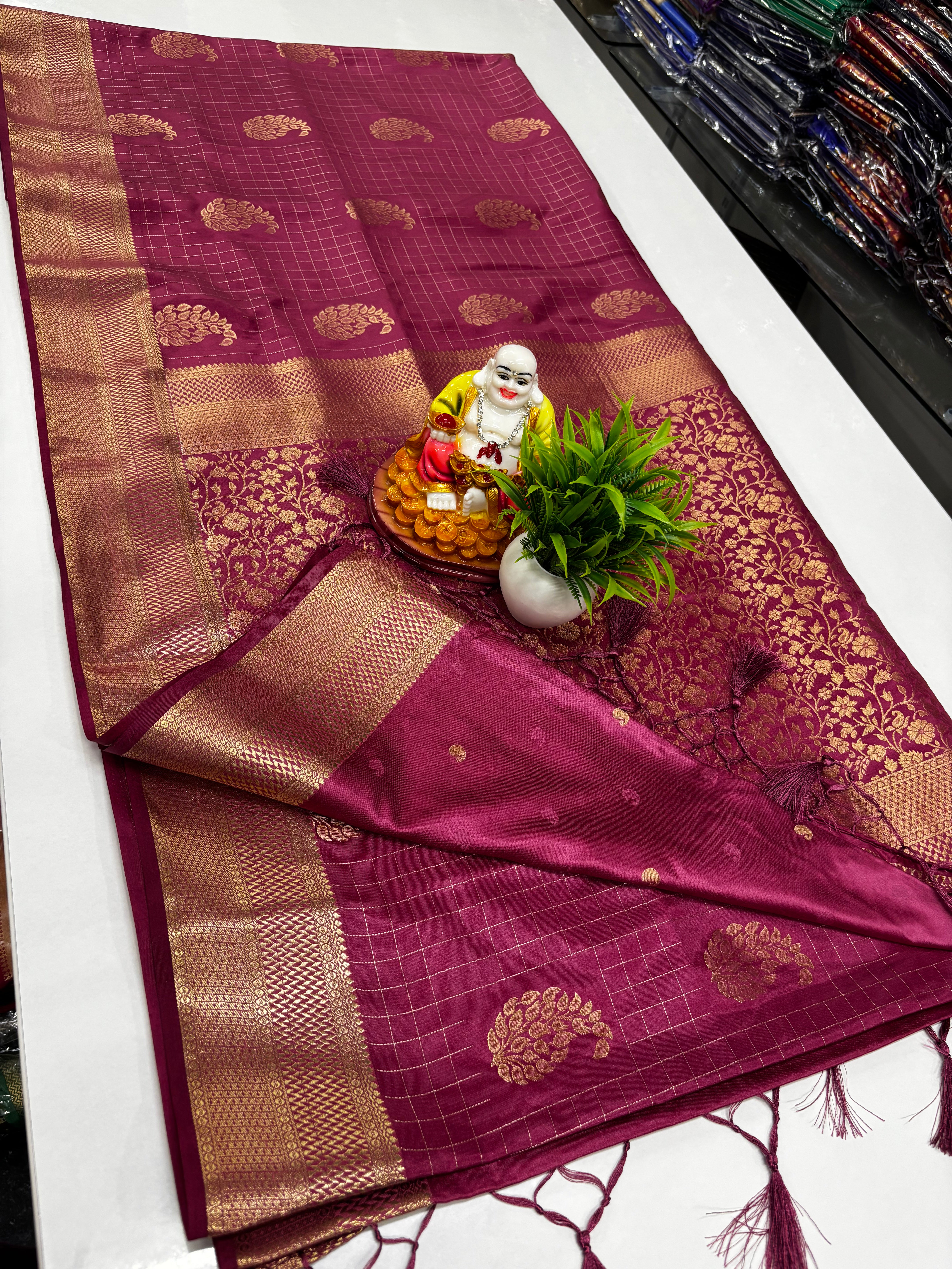 Premium Satin Saree with Rich Pallu & Butta Blouse-elagant and shining