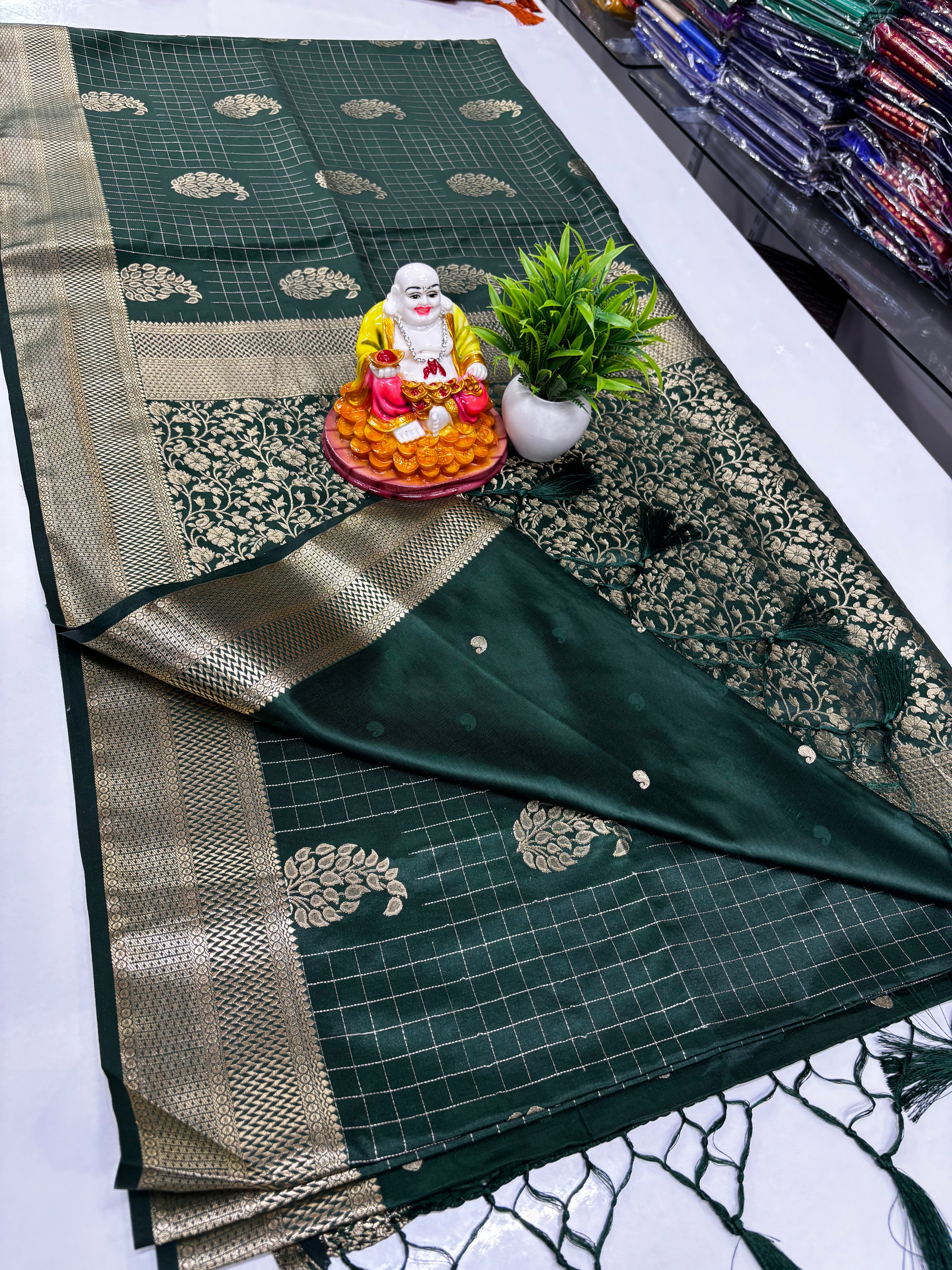 Premium Satin Saree with Rich Pallu & Butta Blouse-elagant and shining