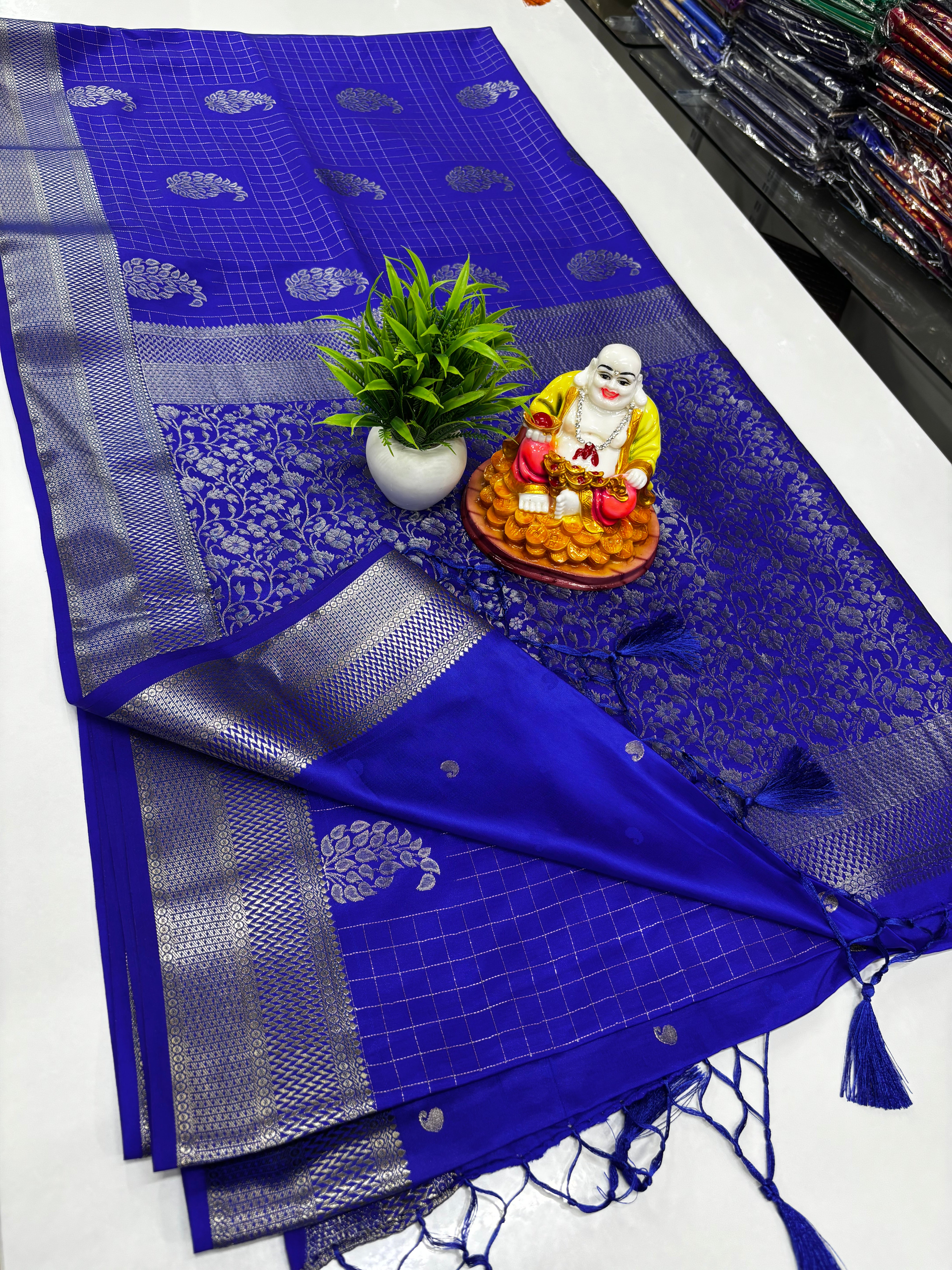 Premium Satin Saree with Rich Pallu & Butta Blouse-elagant and shining