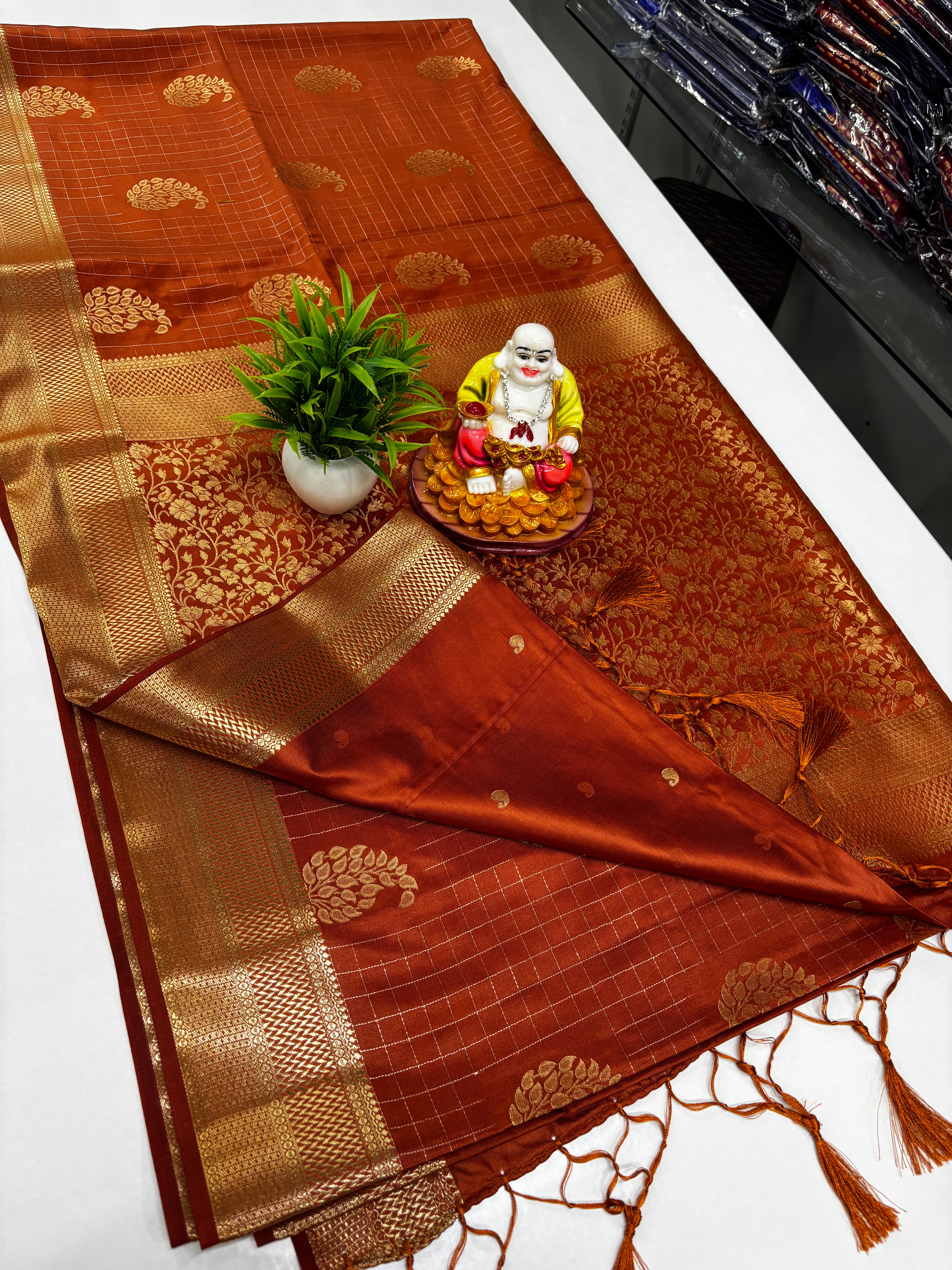 Premium Satin Saree with Rich Pallu & Butta Blouse-elagant and shining