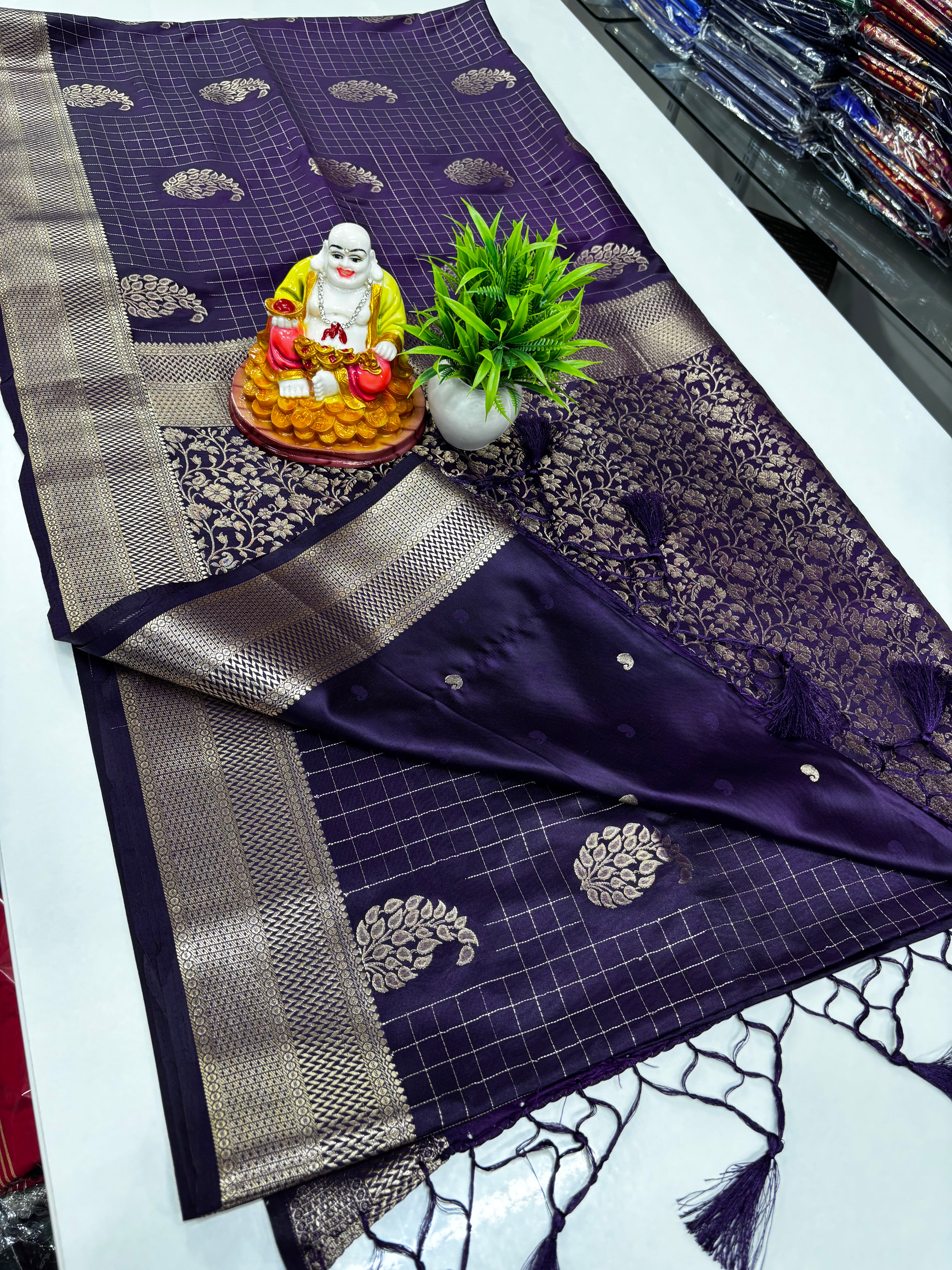 Premium Satin Saree with Rich Pallu & Butta Blouse-elagant and shining