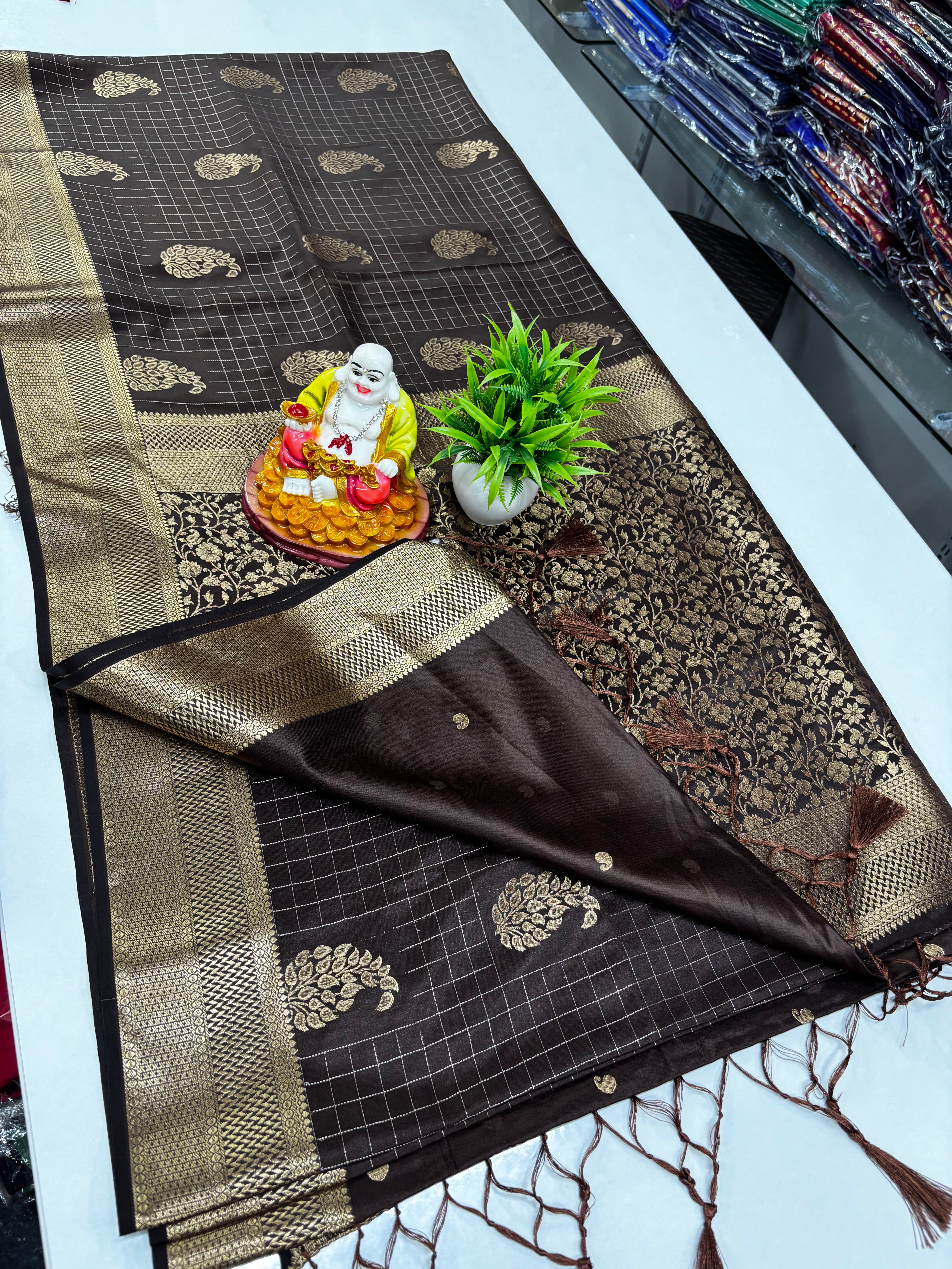 Premium Satin Saree with Rich Pallu & Butta Blouse-elagant and shining