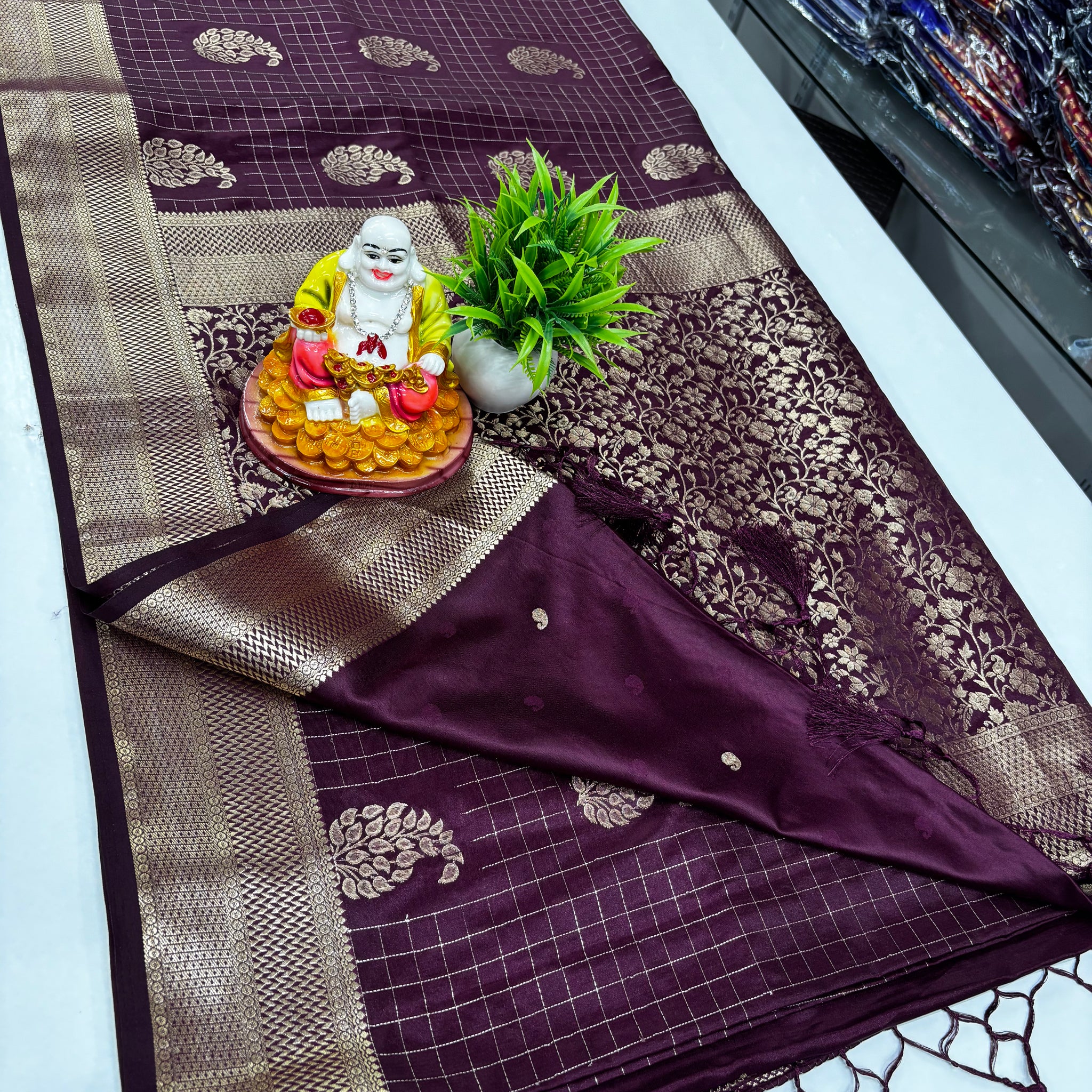 Premium Satin Saree with Rich Pallu & Butta Blouse-elagant and shining