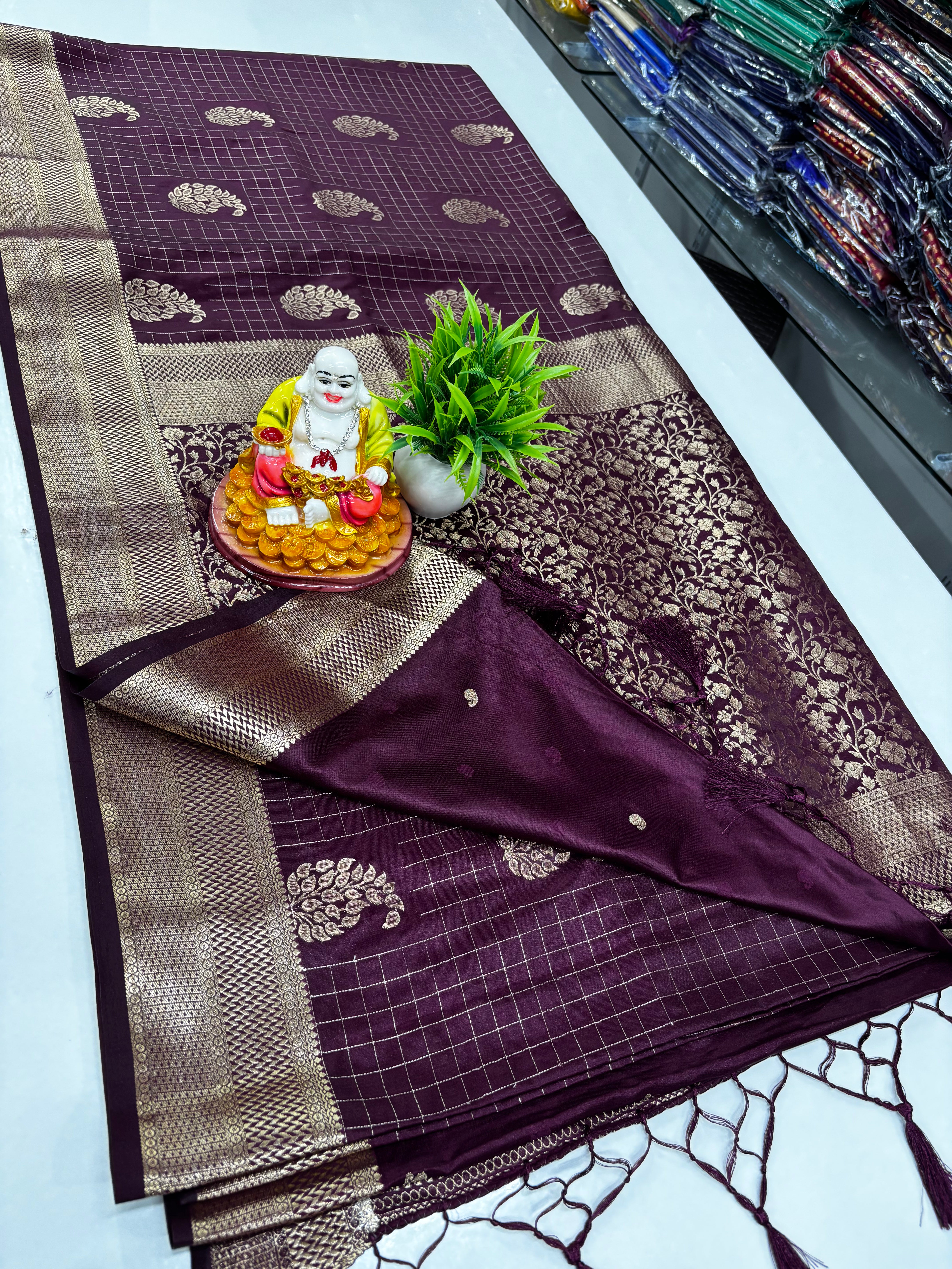 Premium Satin Saree with Rich Pallu & Butta Blouse-elagant and shining