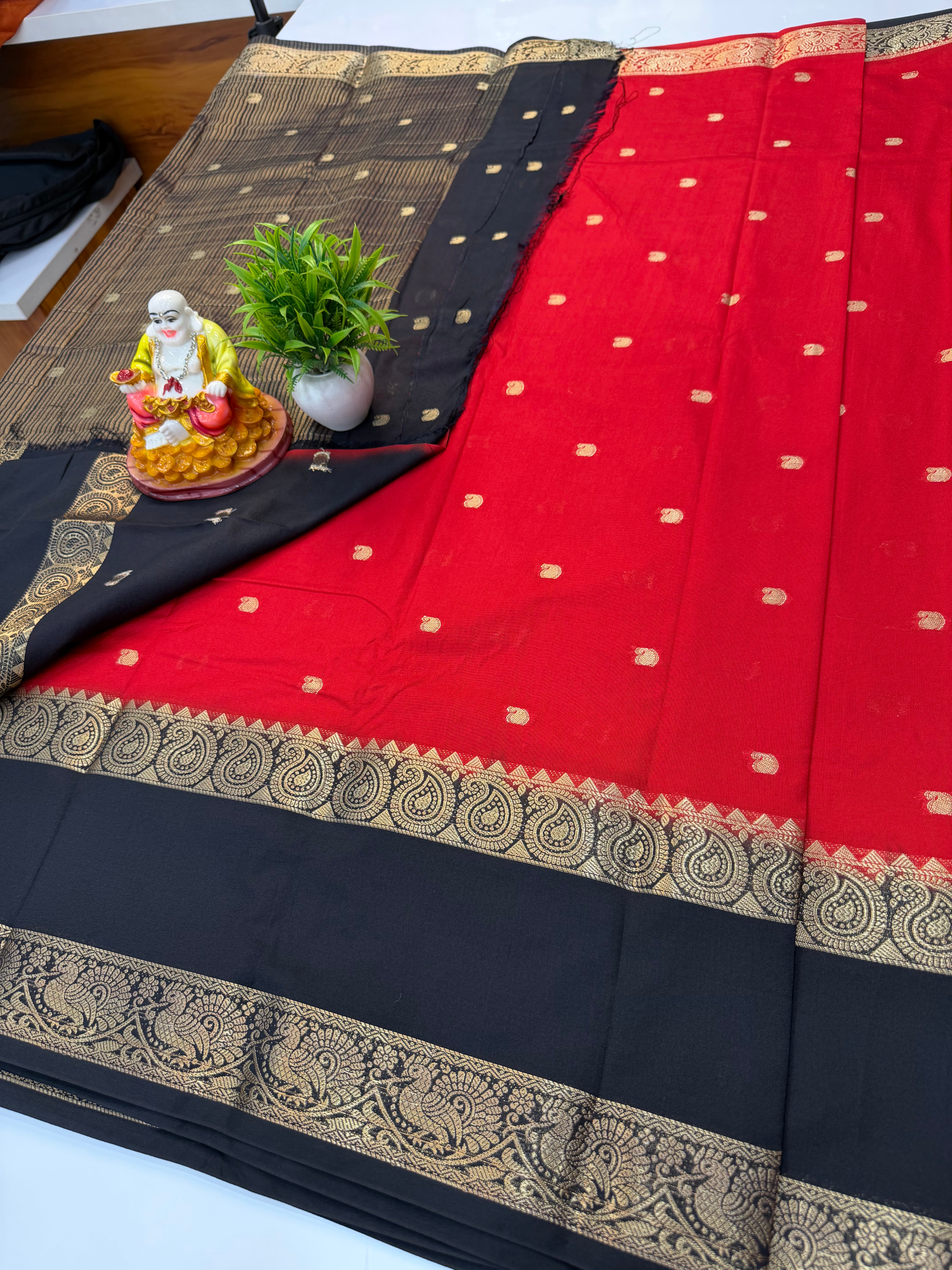 Premium Mysore Crepe Silk Saree with Buttas & Mango Bentex Border | Padmavathi Silks and Sarees
