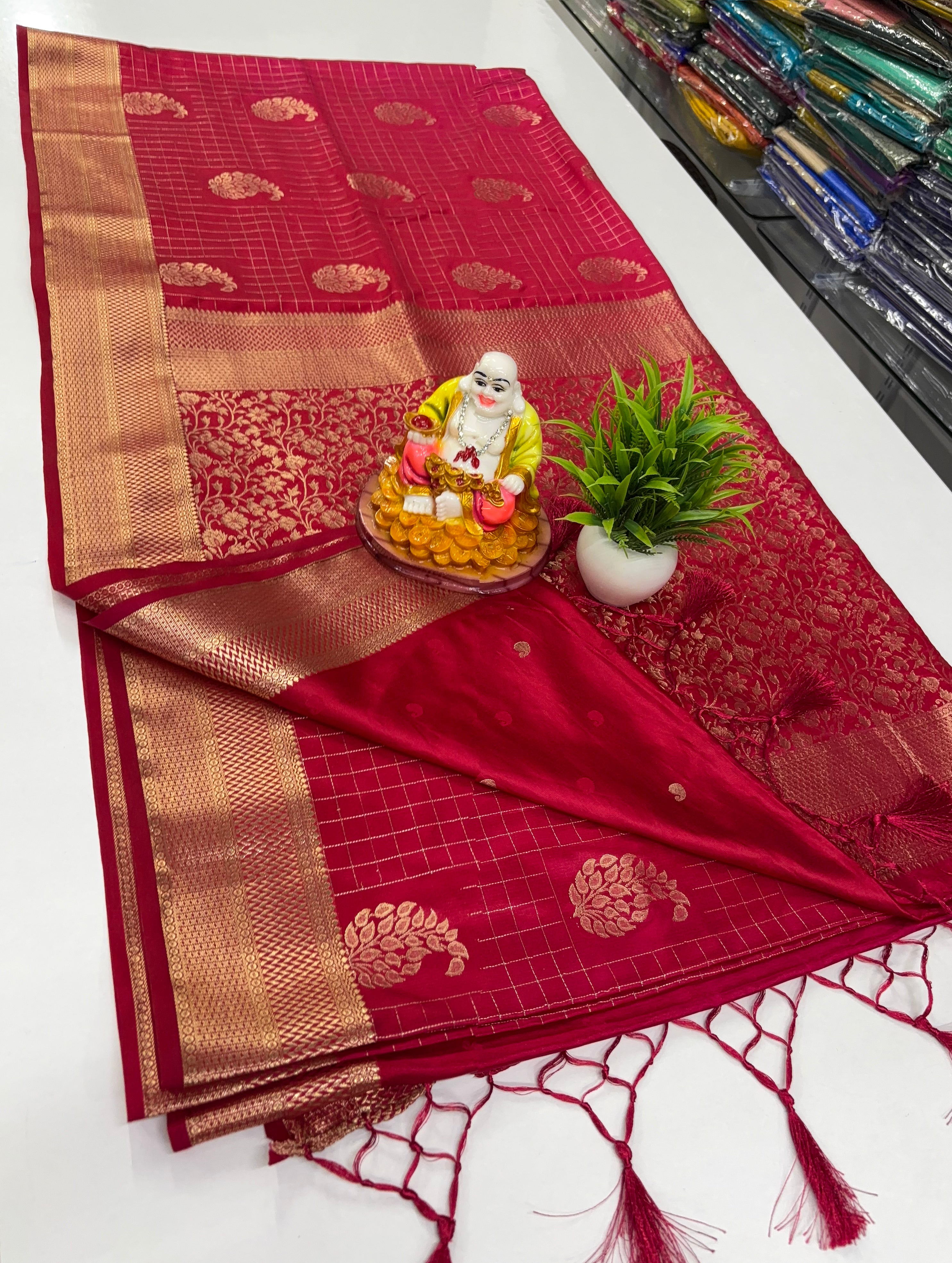 Premium Satin Saree with Rich Pallu & Butta Blouse-elagant and shining