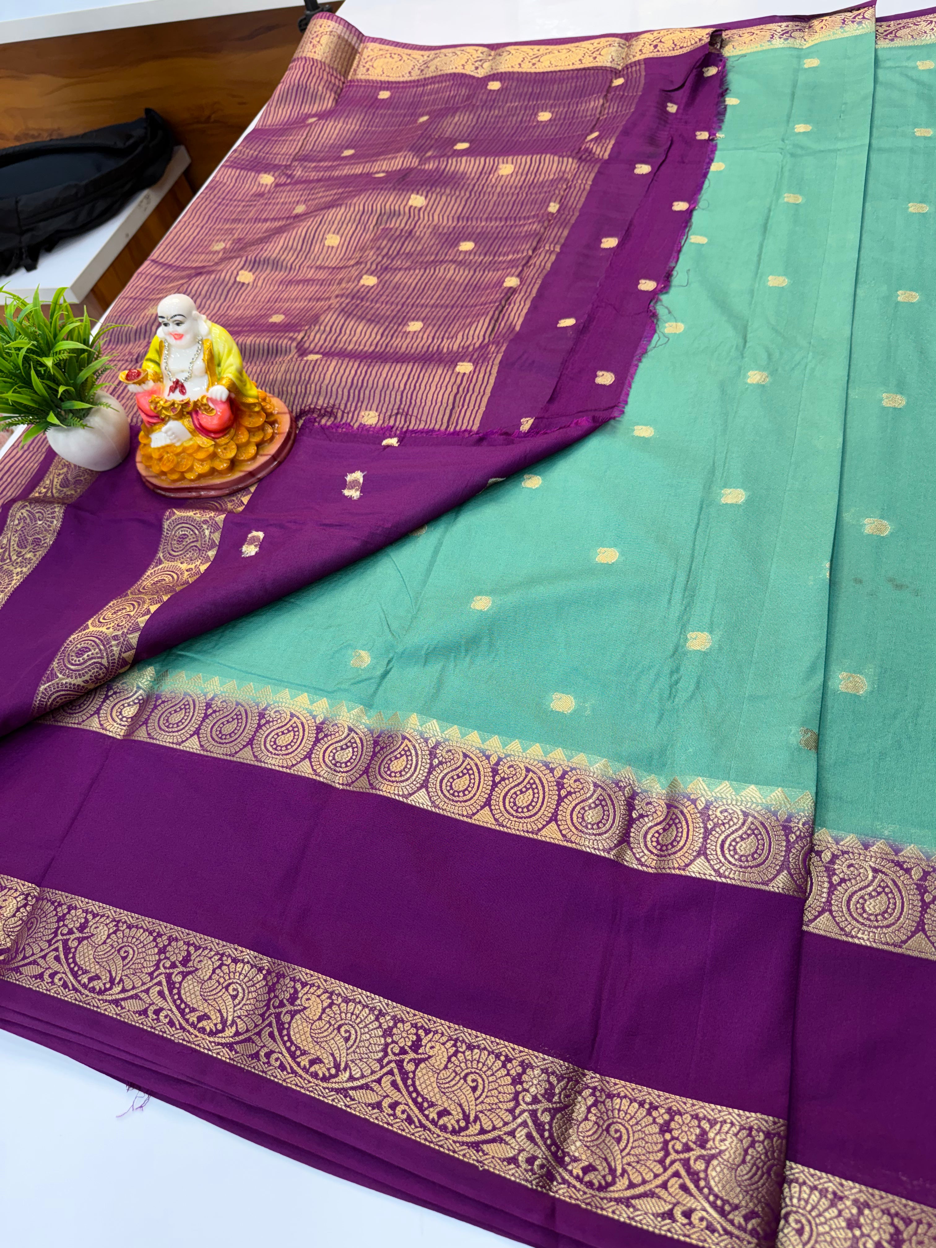 Premium Mysore Crepe Silk Saree with Buttas & Mango Bentex Border | Padmavathi Silks and Sarees
