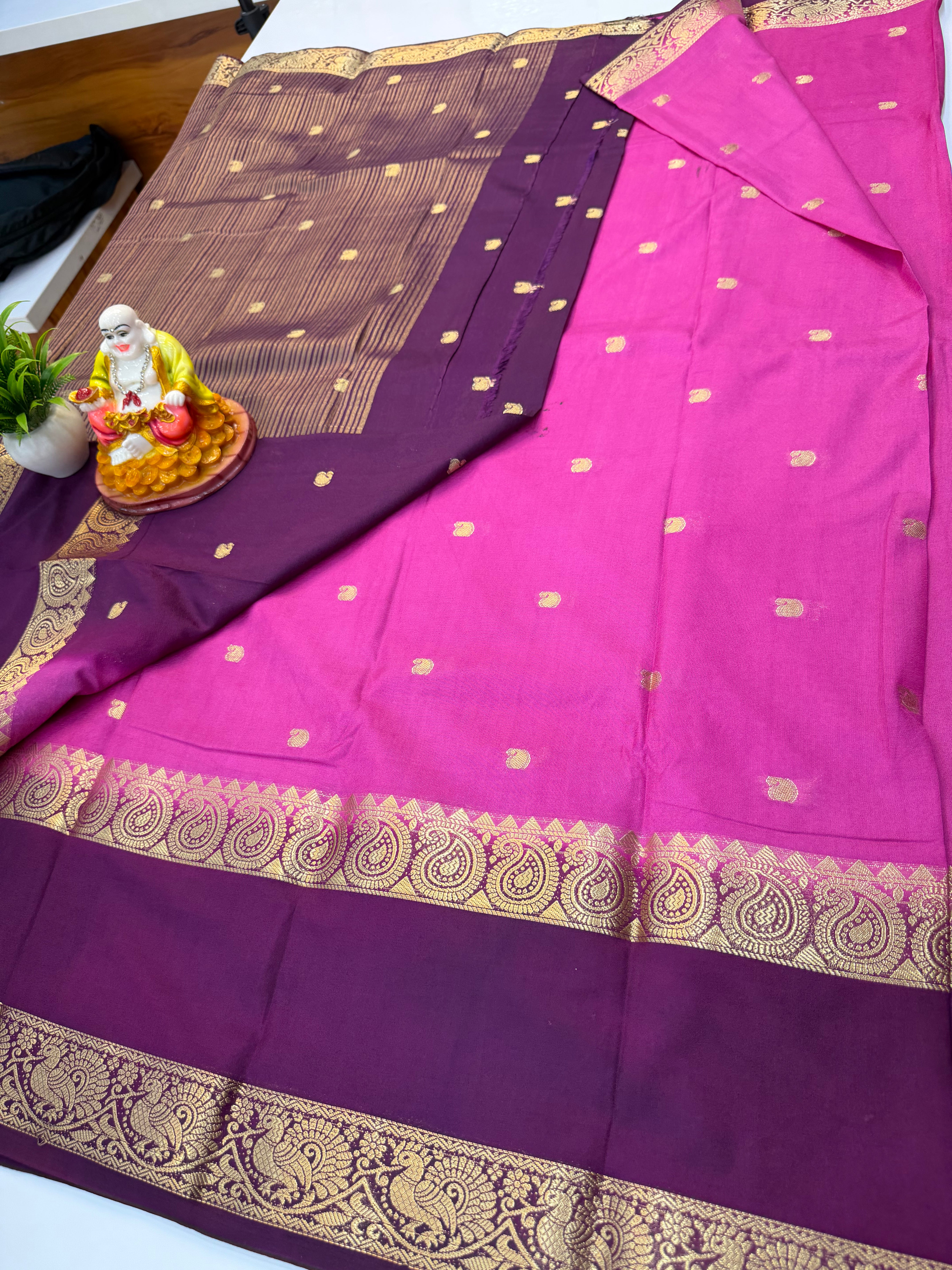 Premium Mysore Crepe Silk Saree with Buttas & Mango Bentex Border | Padmavathi Silks and Sarees