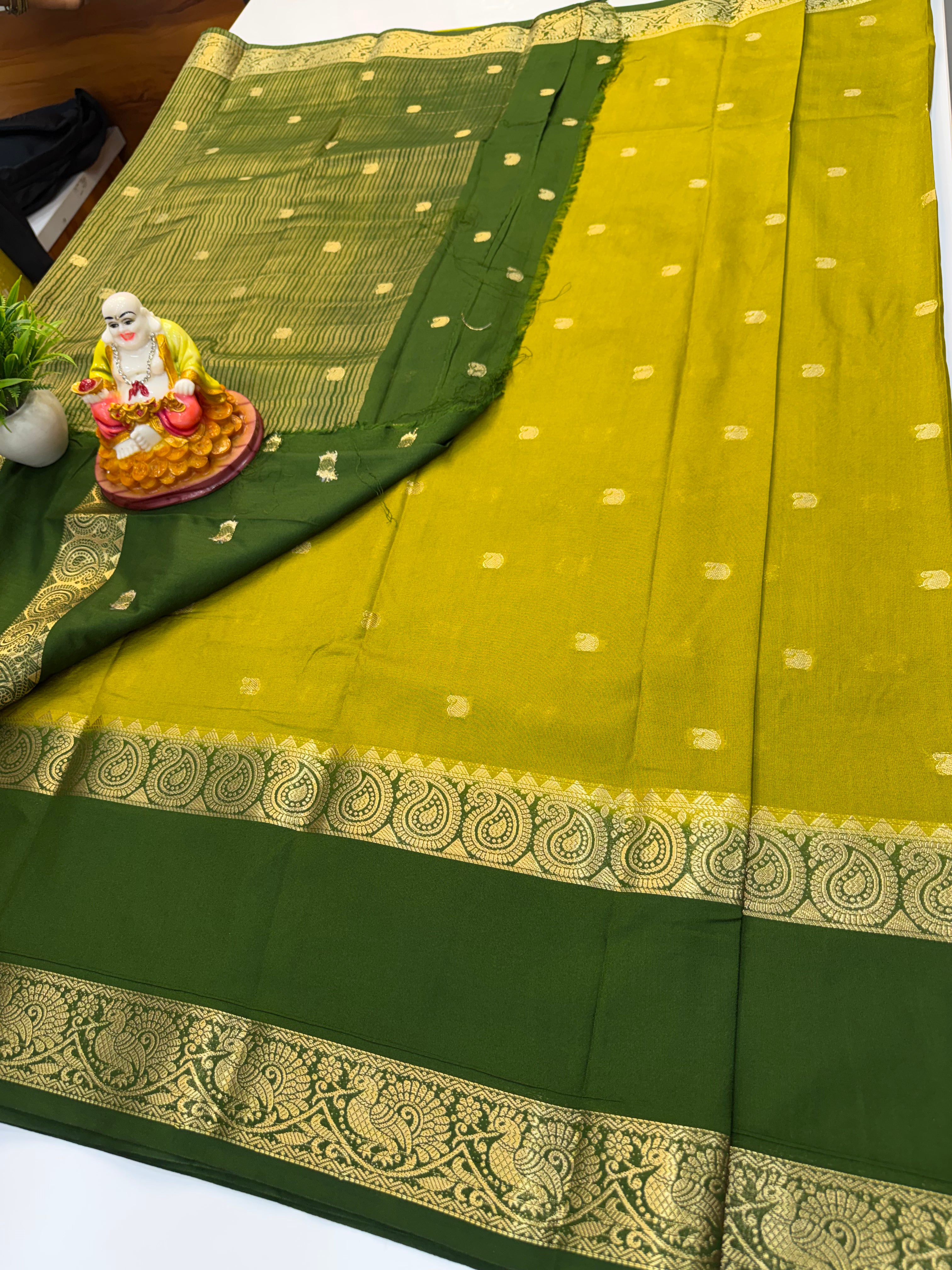 Premium Mysore Crepe Silk Saree with Buttas & Mango Bentex Border | Padmavathi Silks and Sarees