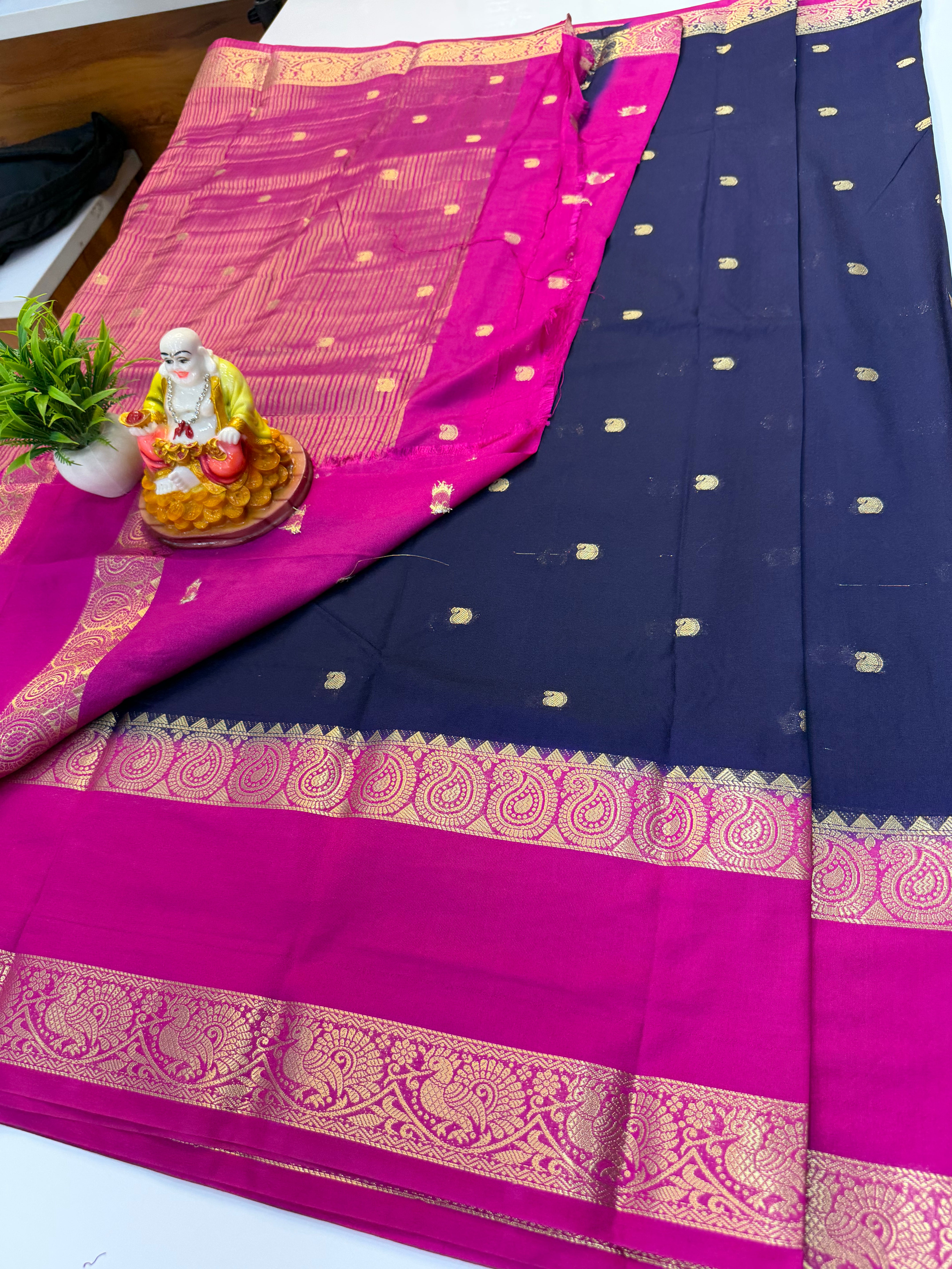 Premium Mysore Crepe Silk Saree with Buttas & Mango Bentex Border | Padmavathi Silks and Sarees