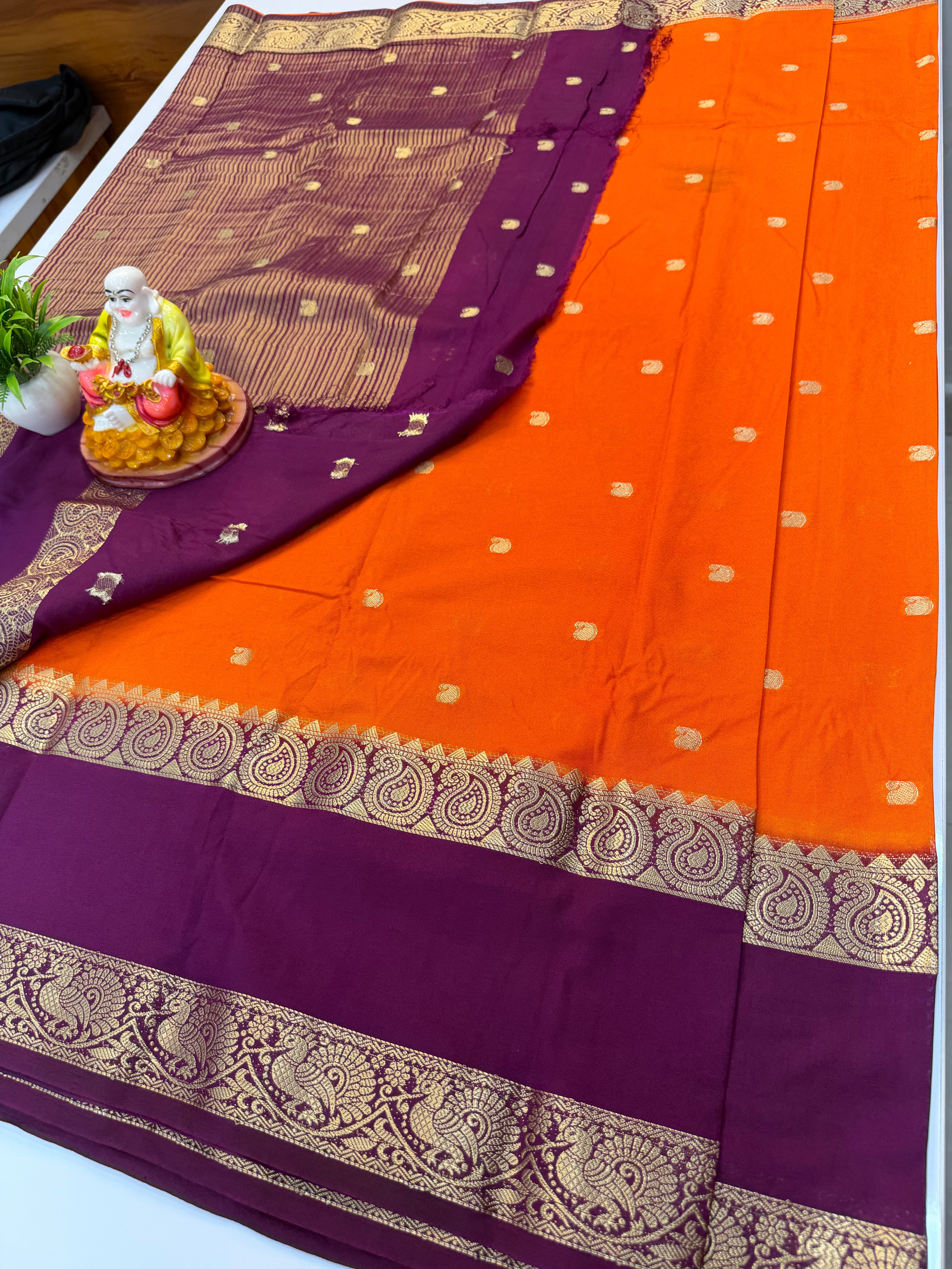 Premium Mysore Crepe Silk Saree with Buttas & Mango Bentex Border | Padmavathi Silks and Sarees