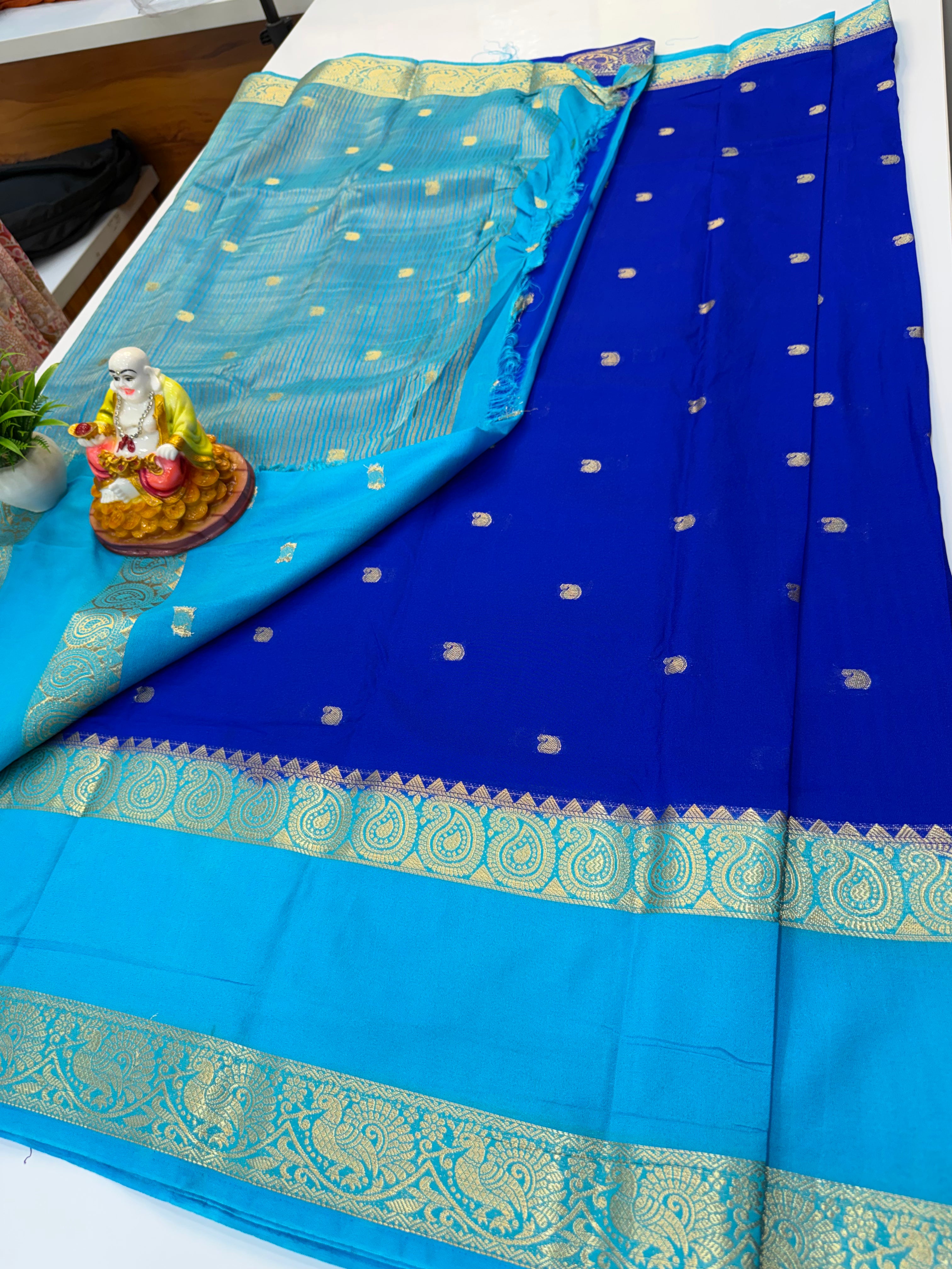 Premium Mysore Crepe Silk Saree with Buttas & Mango Bentex Border | Padmavathi Silks and Sarees