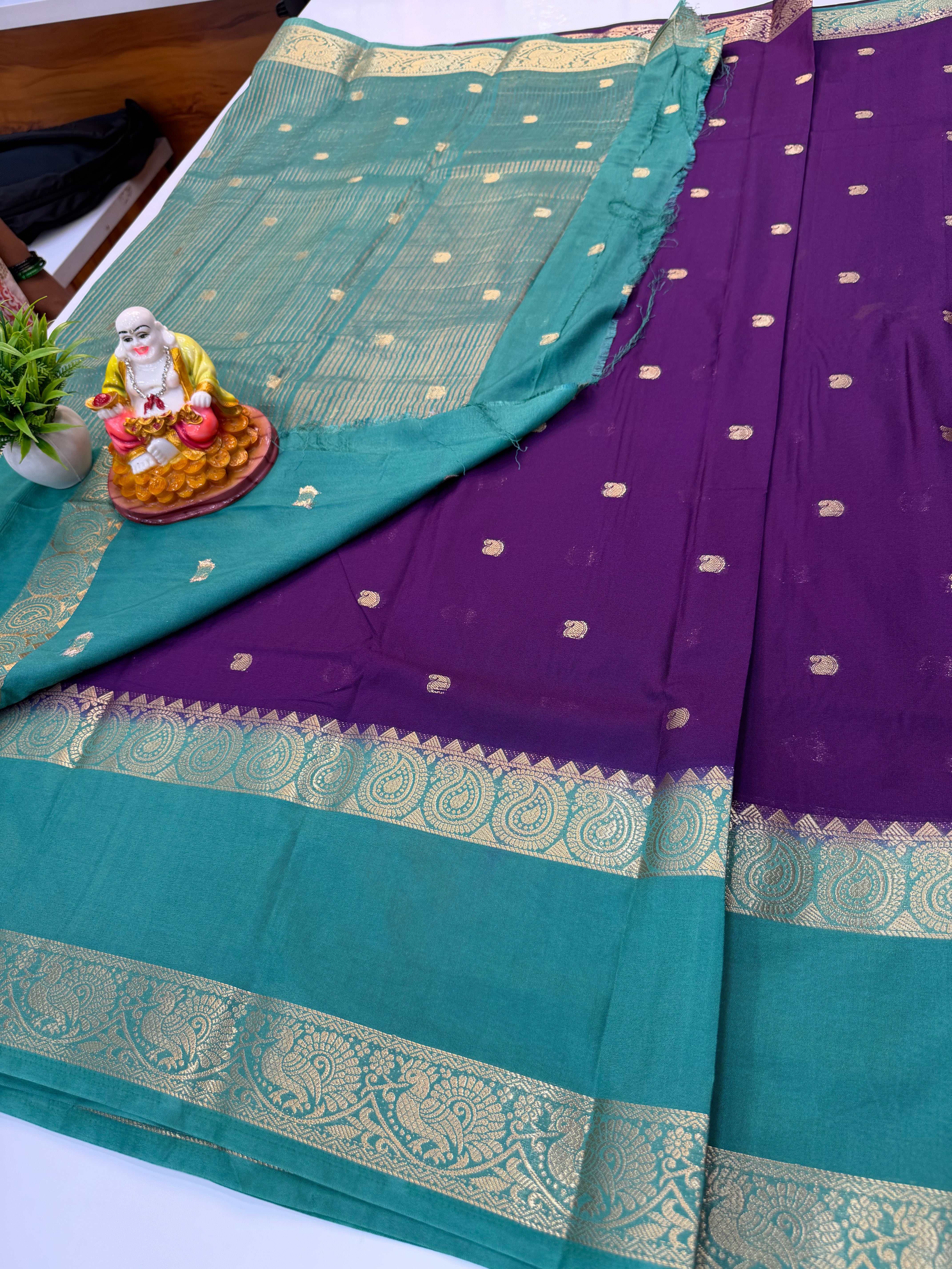 Premium Mysore Crepe Silk Saree with Buttas & Mango Bentex Border | Padmavathi Silks and Sarees