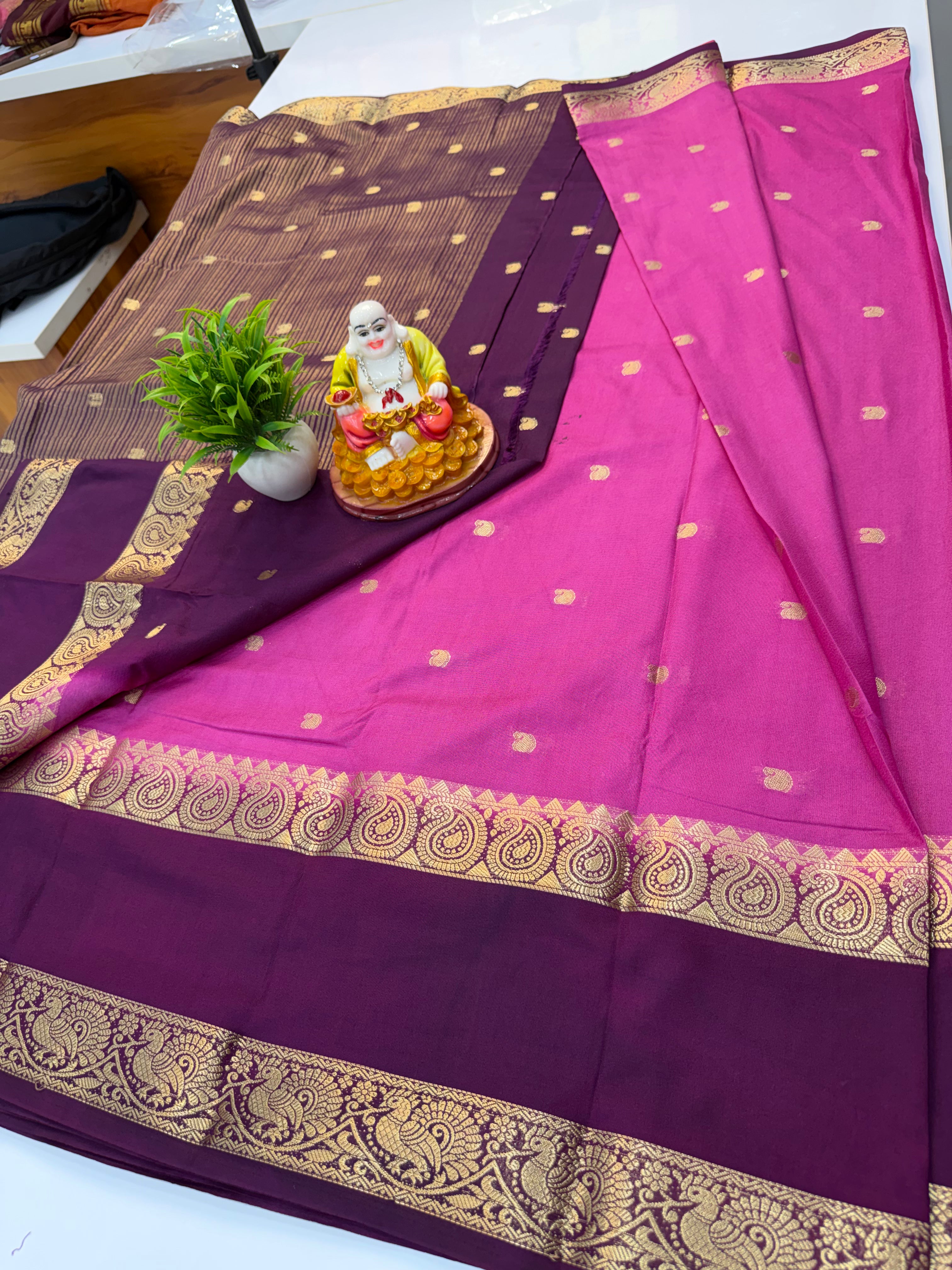 Premium Mysore Crepe Silk Saree with Buttas & Mango Bentex Border | Padmavathi Silks and Sarees