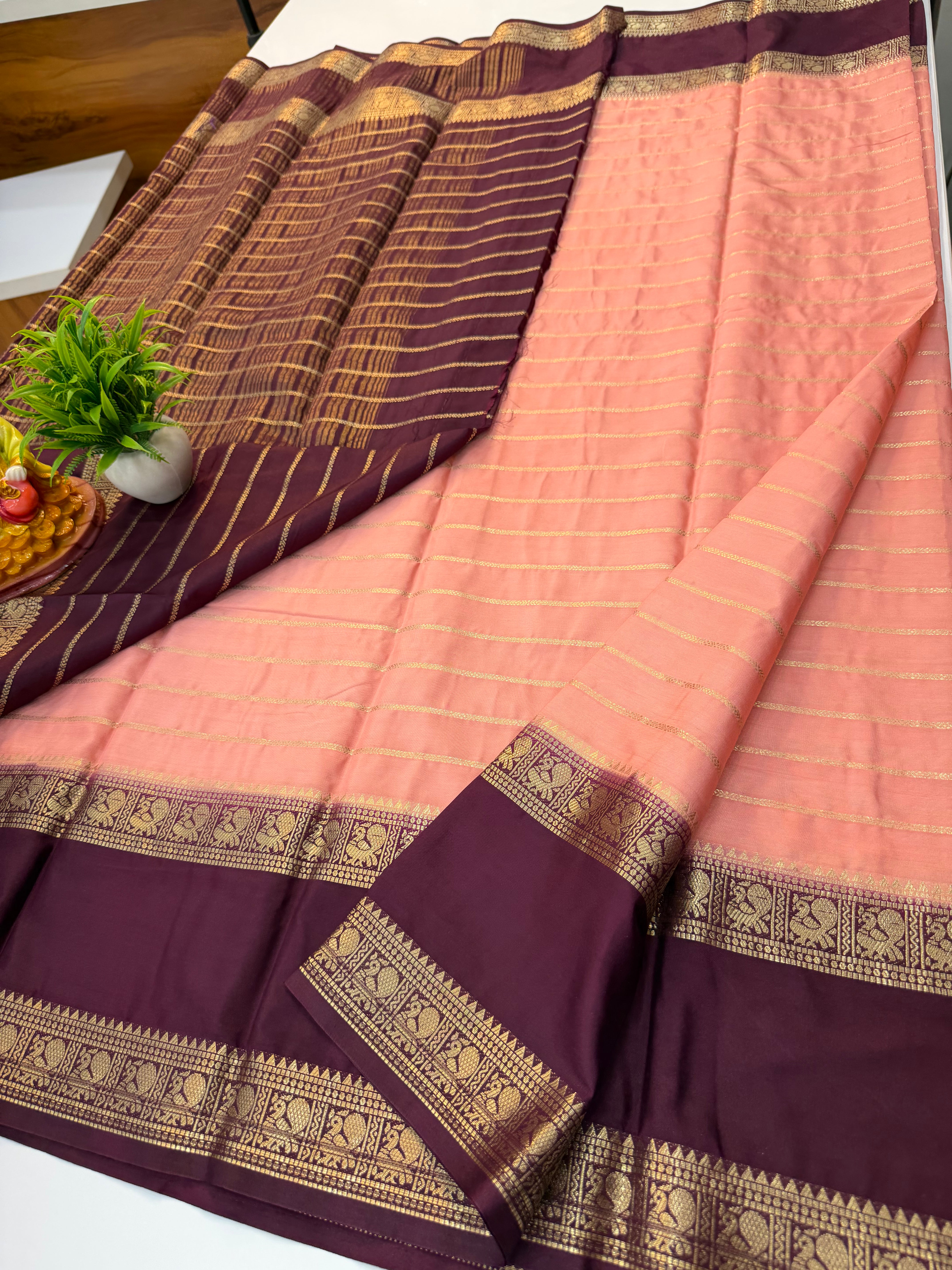 Beautiful Mysore Crepe Silk Saree with Peacock Bentex Border – Padmavathi Silks and Sarees