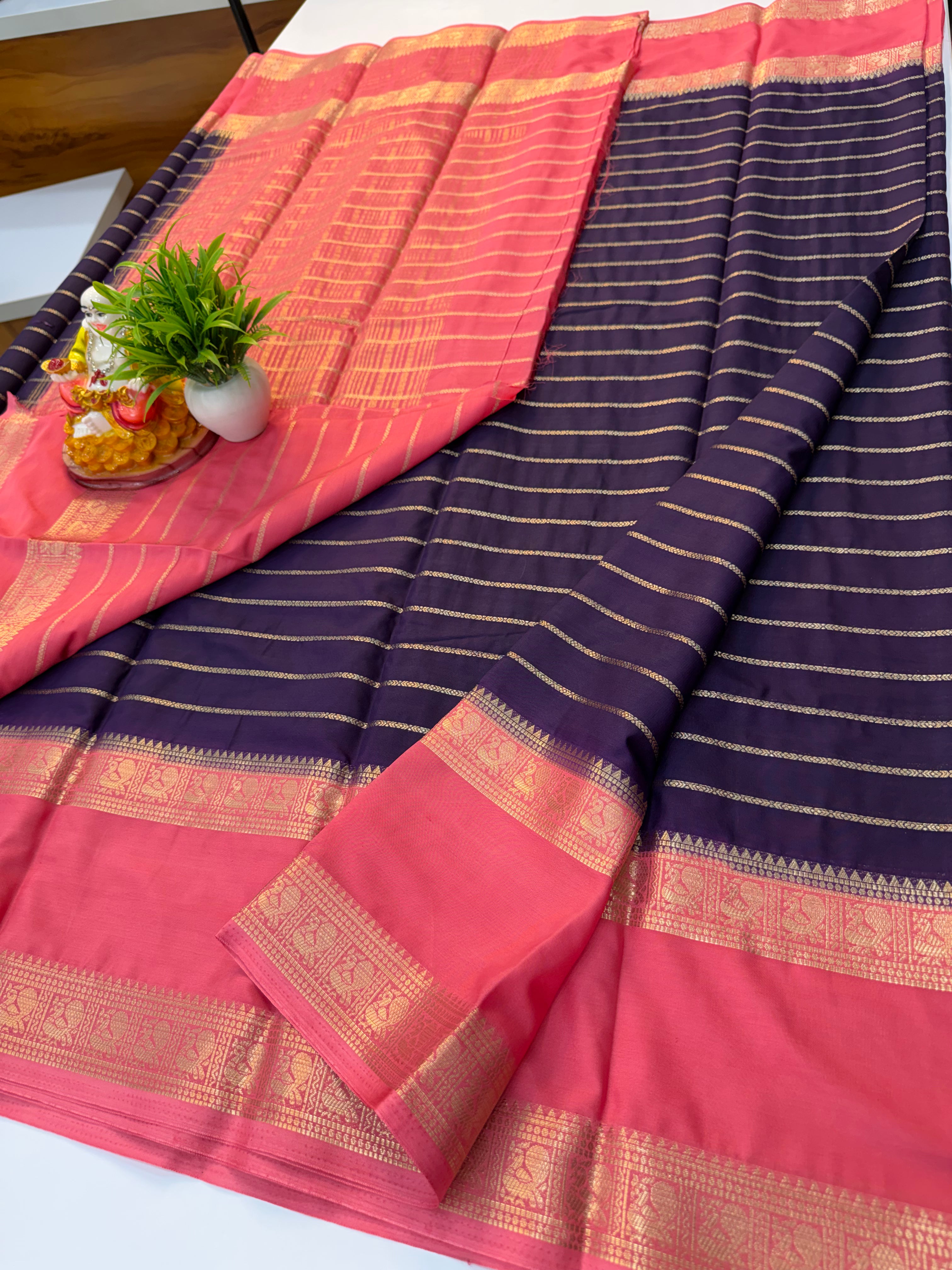 Beautiful Mysore Crepe Silk Saree with Peacock Bentex Border – Padmavathi Silks and Sarees