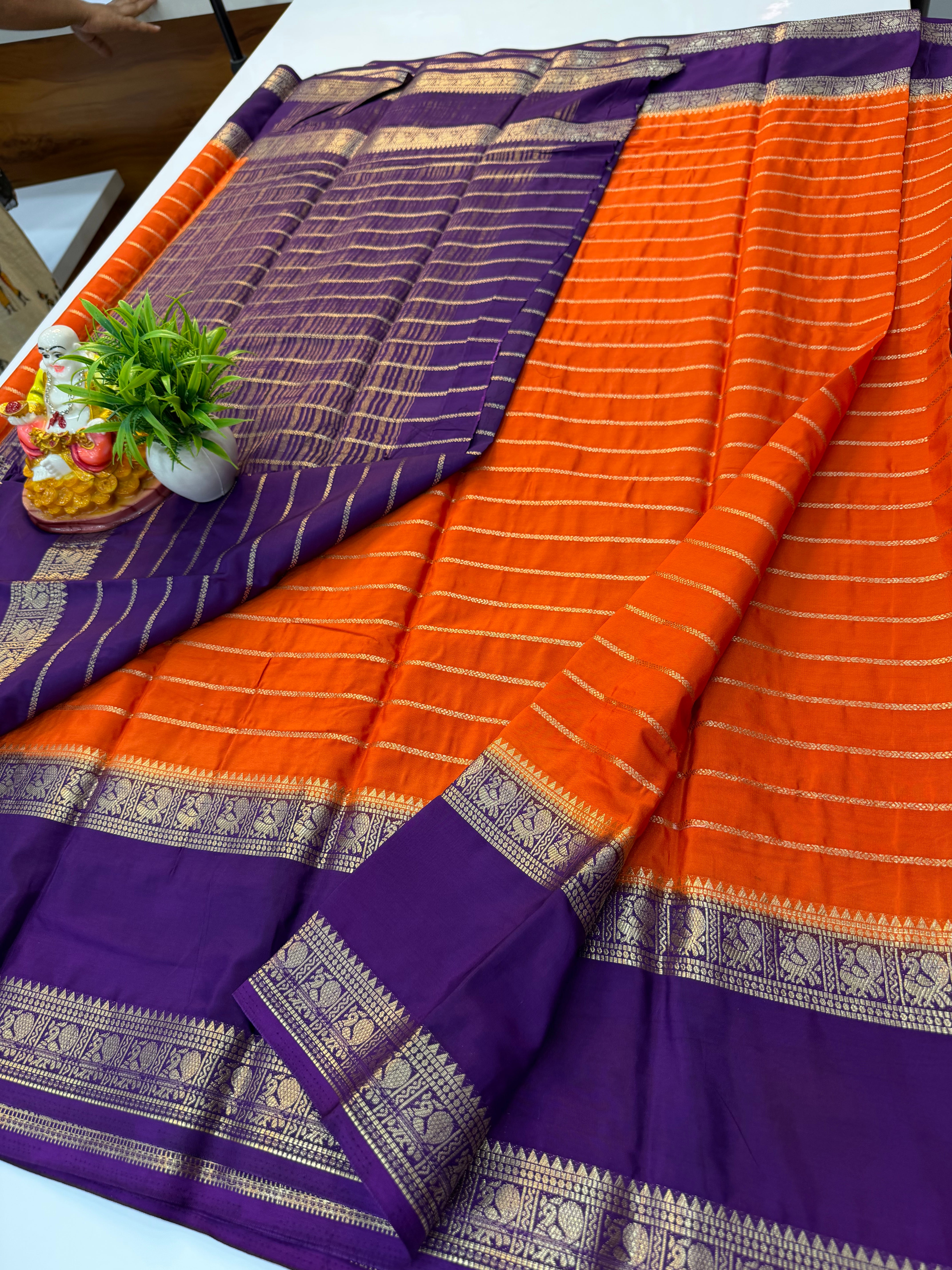 Beautiful Mysore Crepe Silk Saree with Peacock Bentex Border – Padmavathi Silks and Sarees