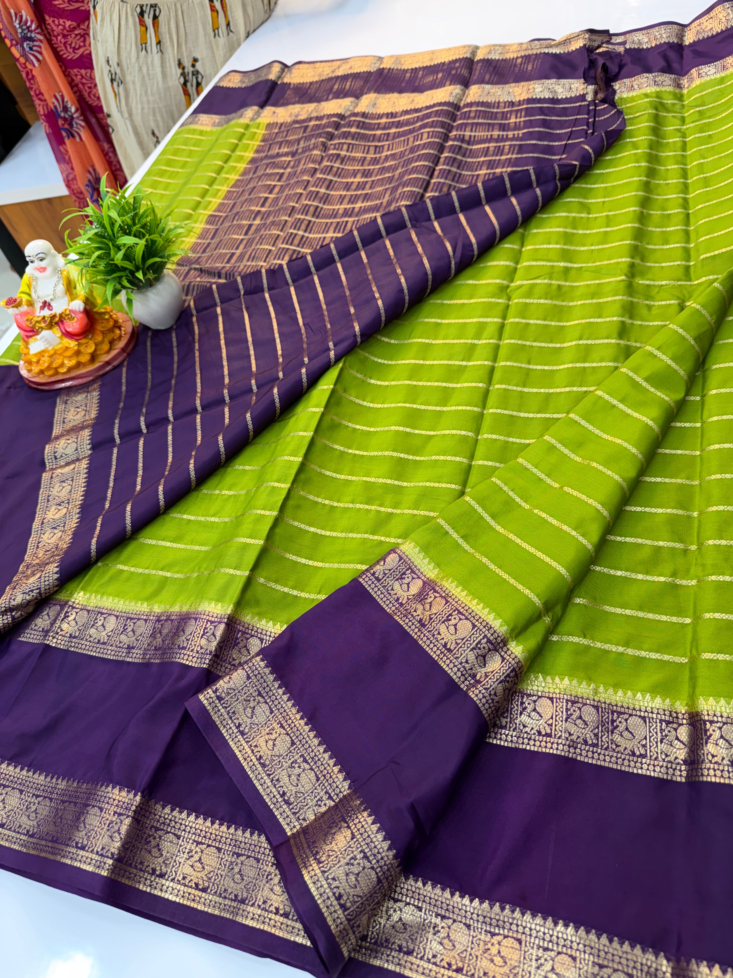 Beautiful Mysore Crepe Silk Saree with Peacock Bentex Border – Padmavathi Silks and Sarees