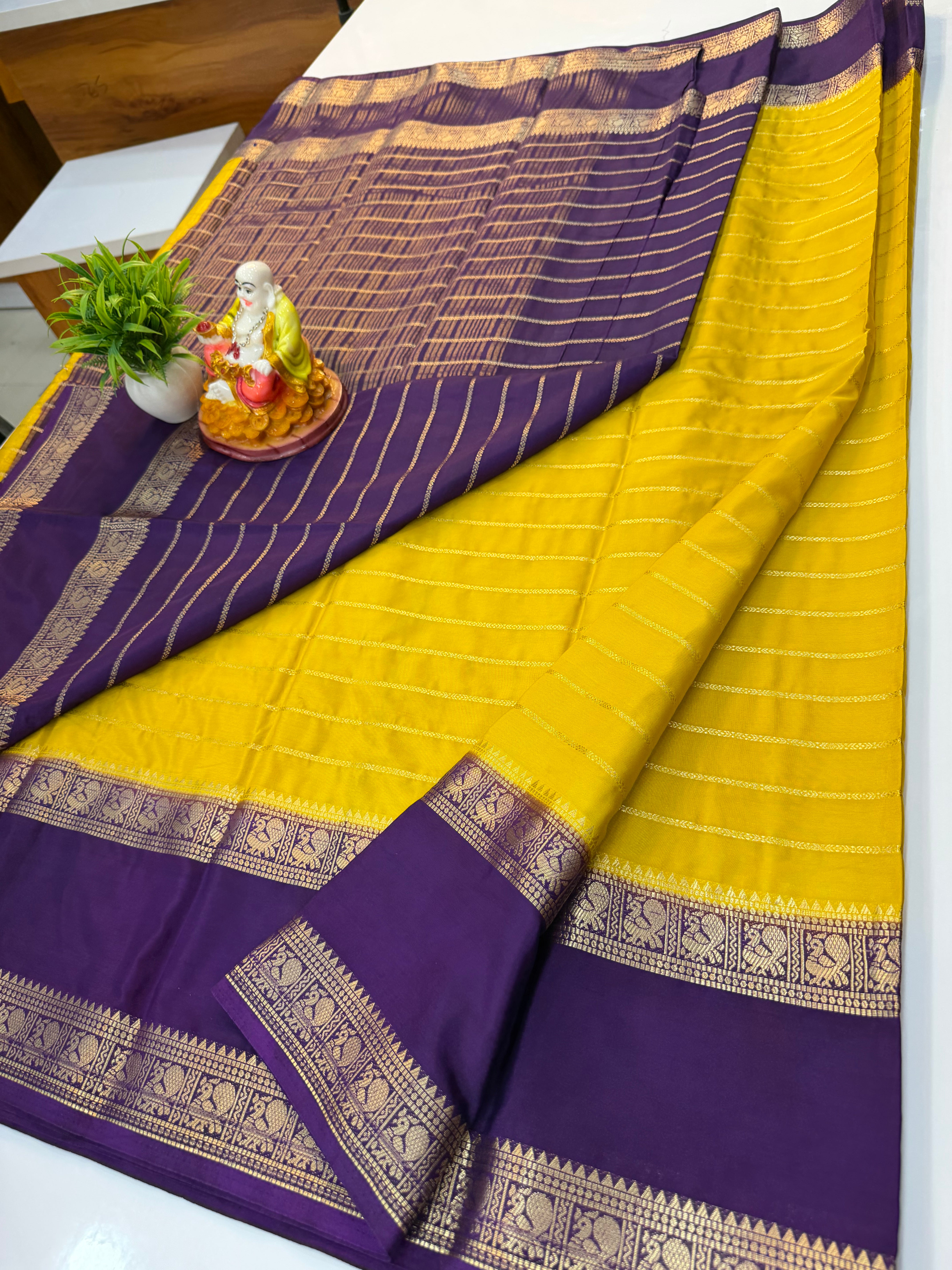 Beautiful Mysore Crepe Silk Saree with Peacock Bentex Border – Padmavathi Silks and Sarees
