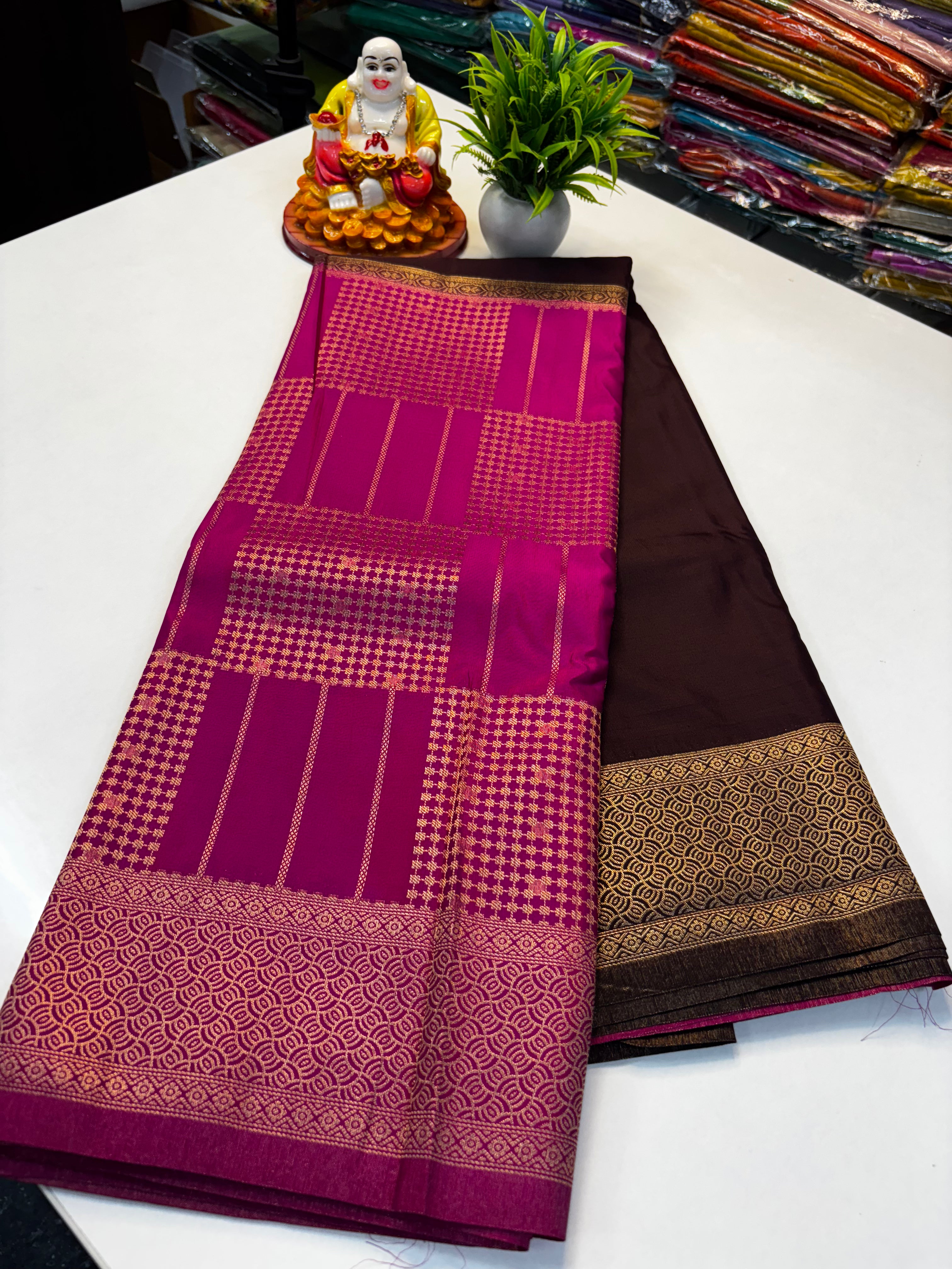 Premium Mysore Crepe Silk Saree with Rich Pallu and Brocade Blouse – Padmavathi Silks and Sarees