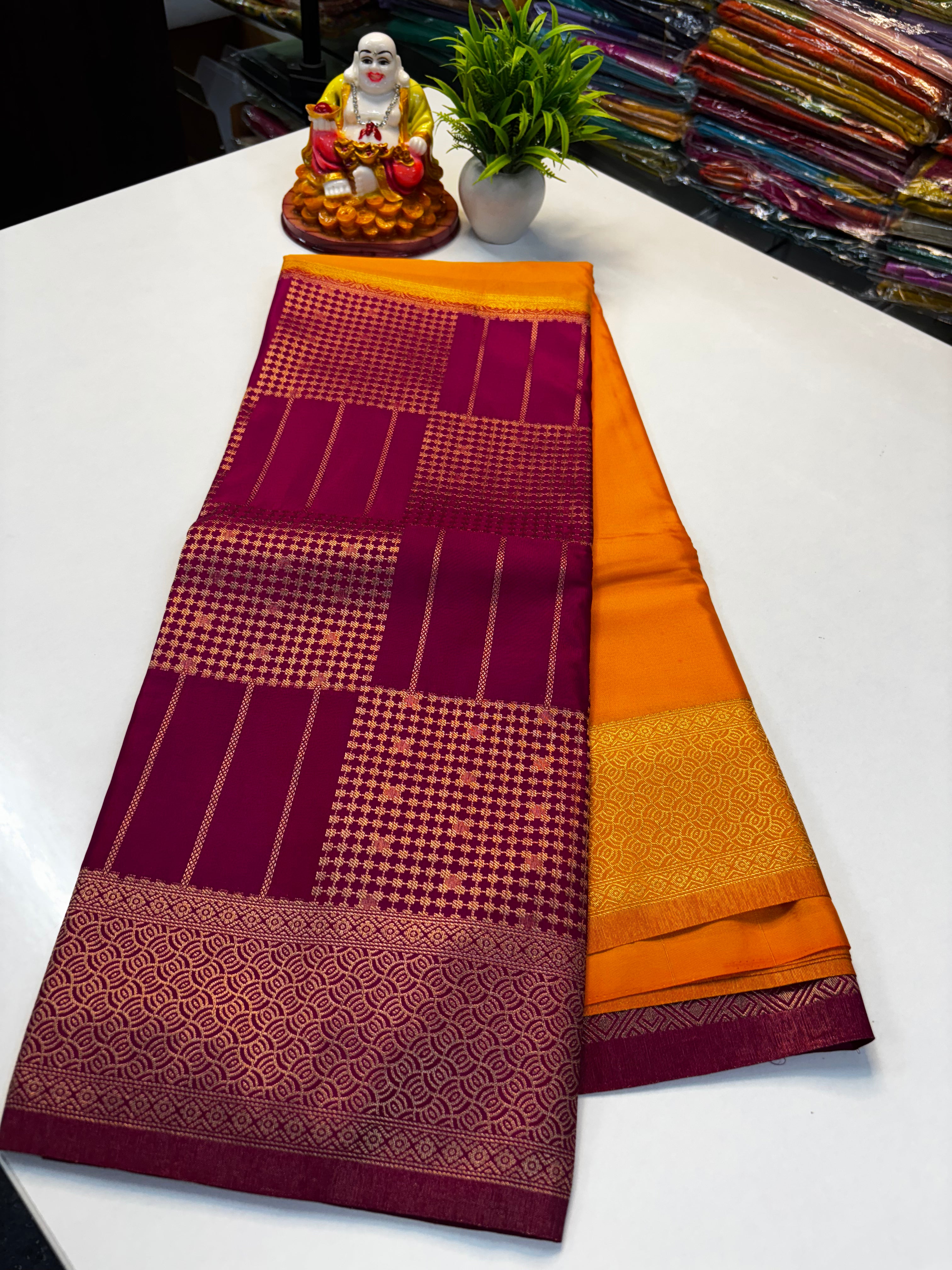 Premium Mysore Crepe Silk Saree with Rich Pallu and Brocade Blouse – Padmavathi Silks and Sarees