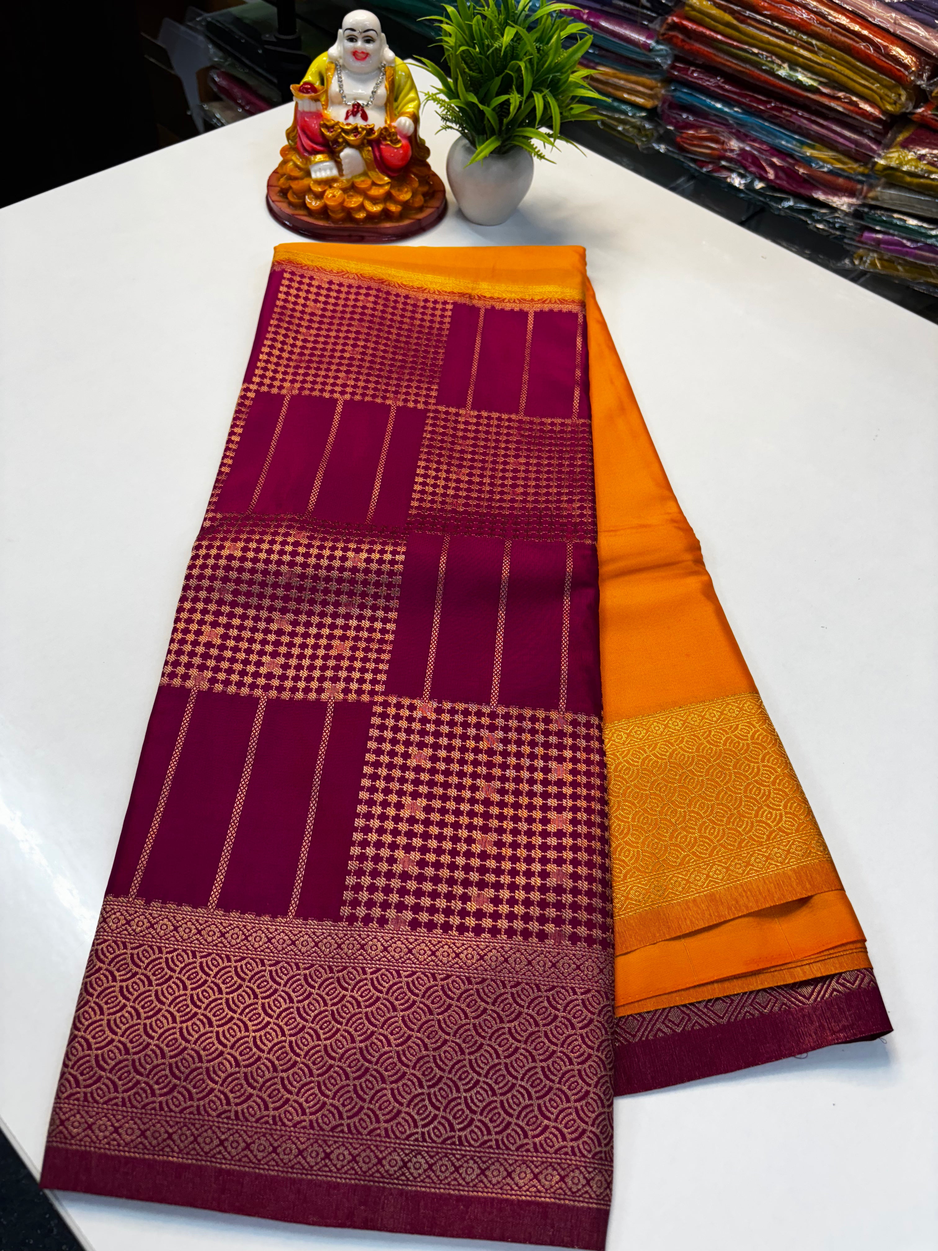 Premium Mysore Crepe Silk Saree with Rich Pallu and Brocade Blouse – Padmavathi Silks and Sarees