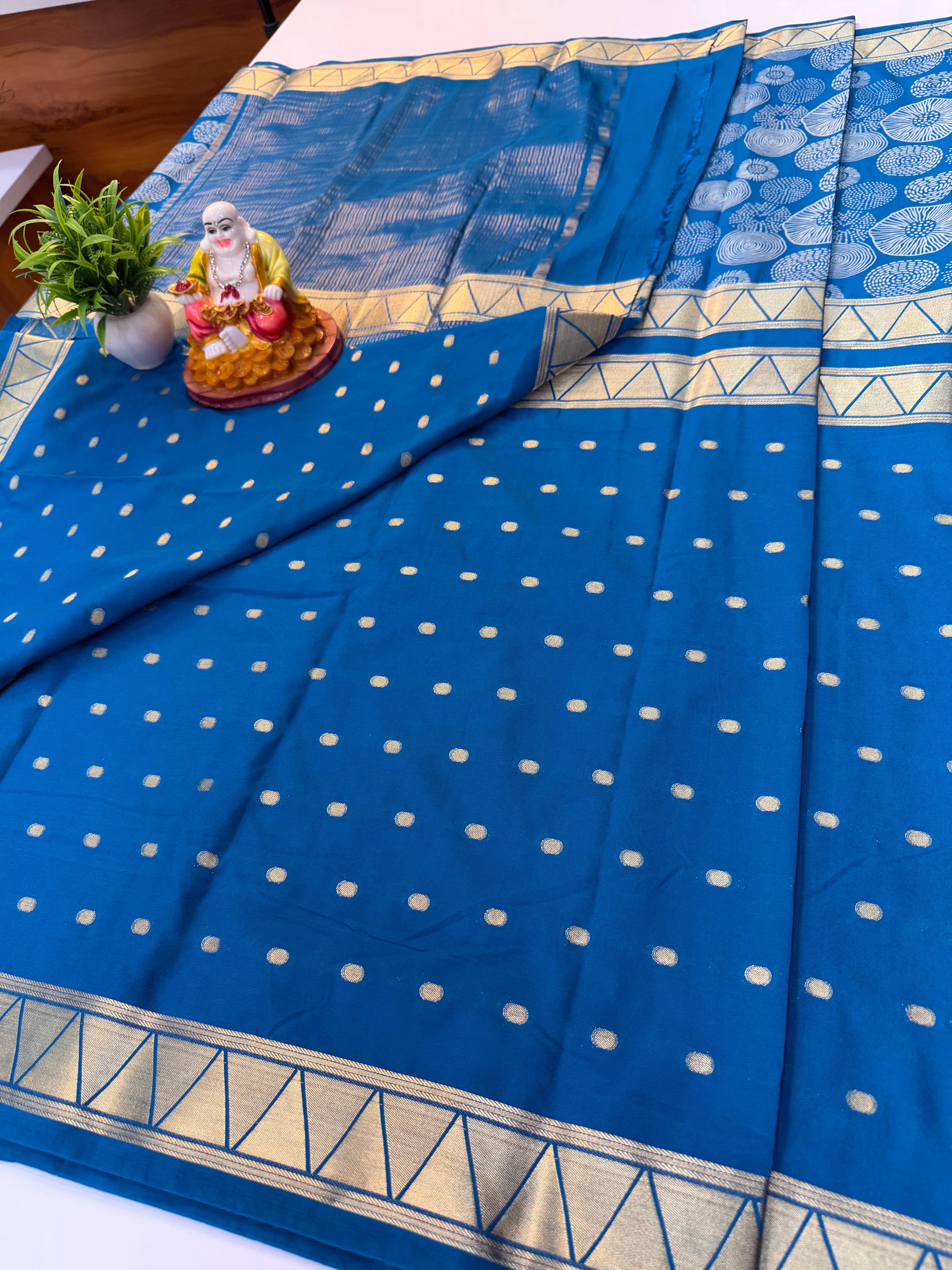Premium Mysore Crepe Silk Saree with Half & Half Pattern and Buttas – By Padmavathi Silks and Sarees