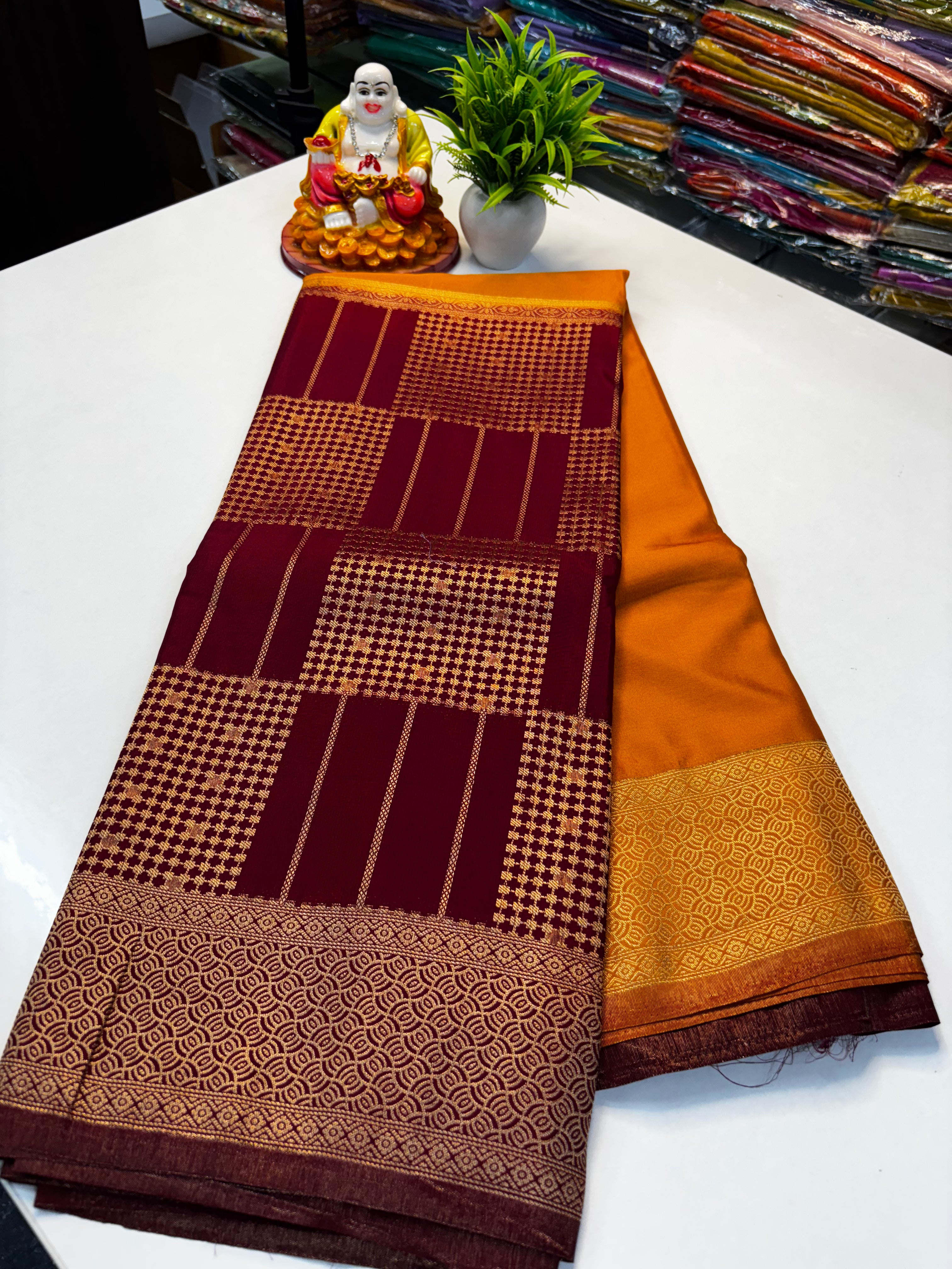 Premium Mysore Crepe Silk Saree with Rich Pallu and Brocade Blouse – Padmavathi Silks and Sarees