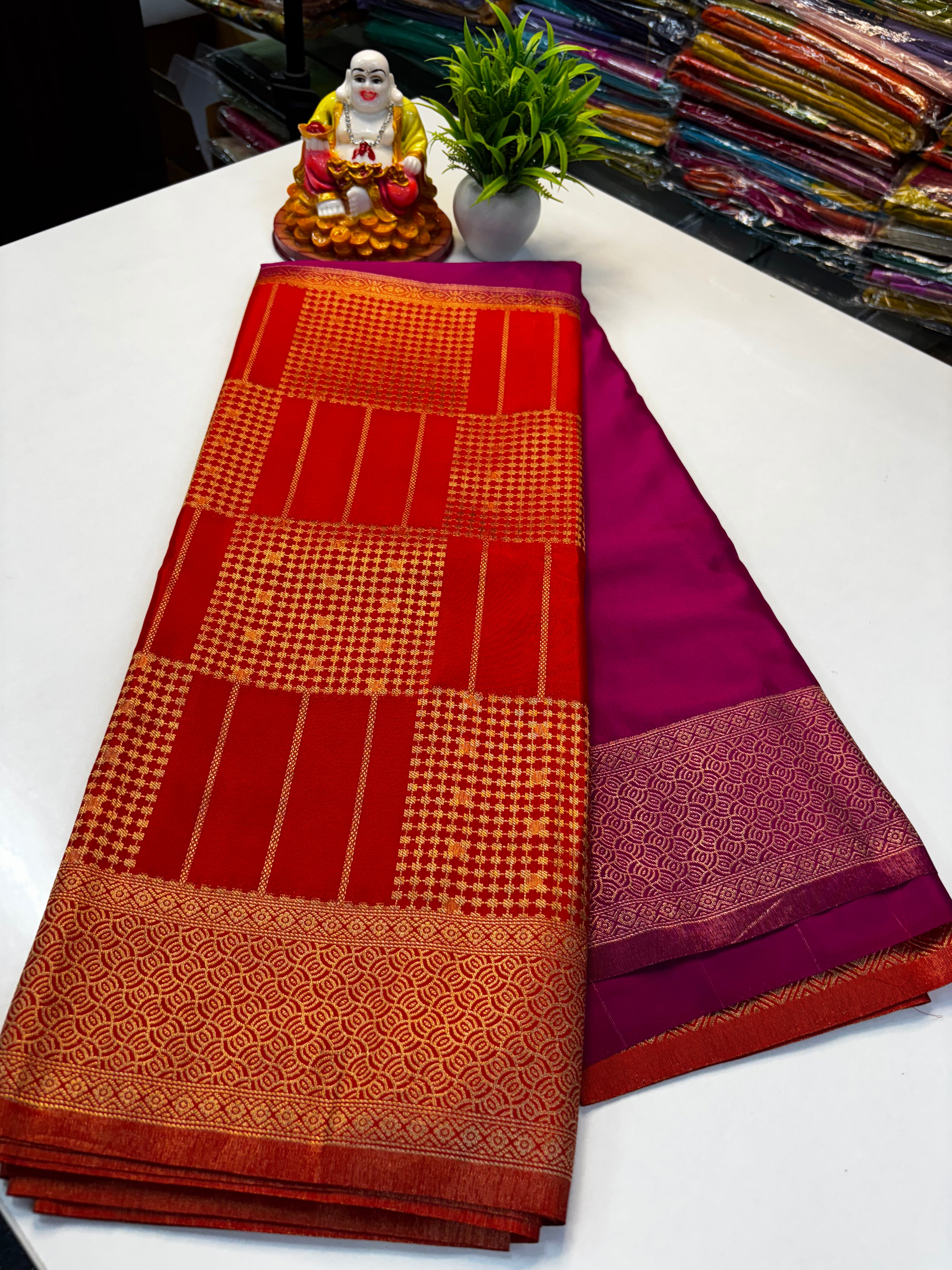Premium Mysore Crepe Silk Saree with Rich Pallu and Brocade Blouse – Padmavathi Silks and Sarees