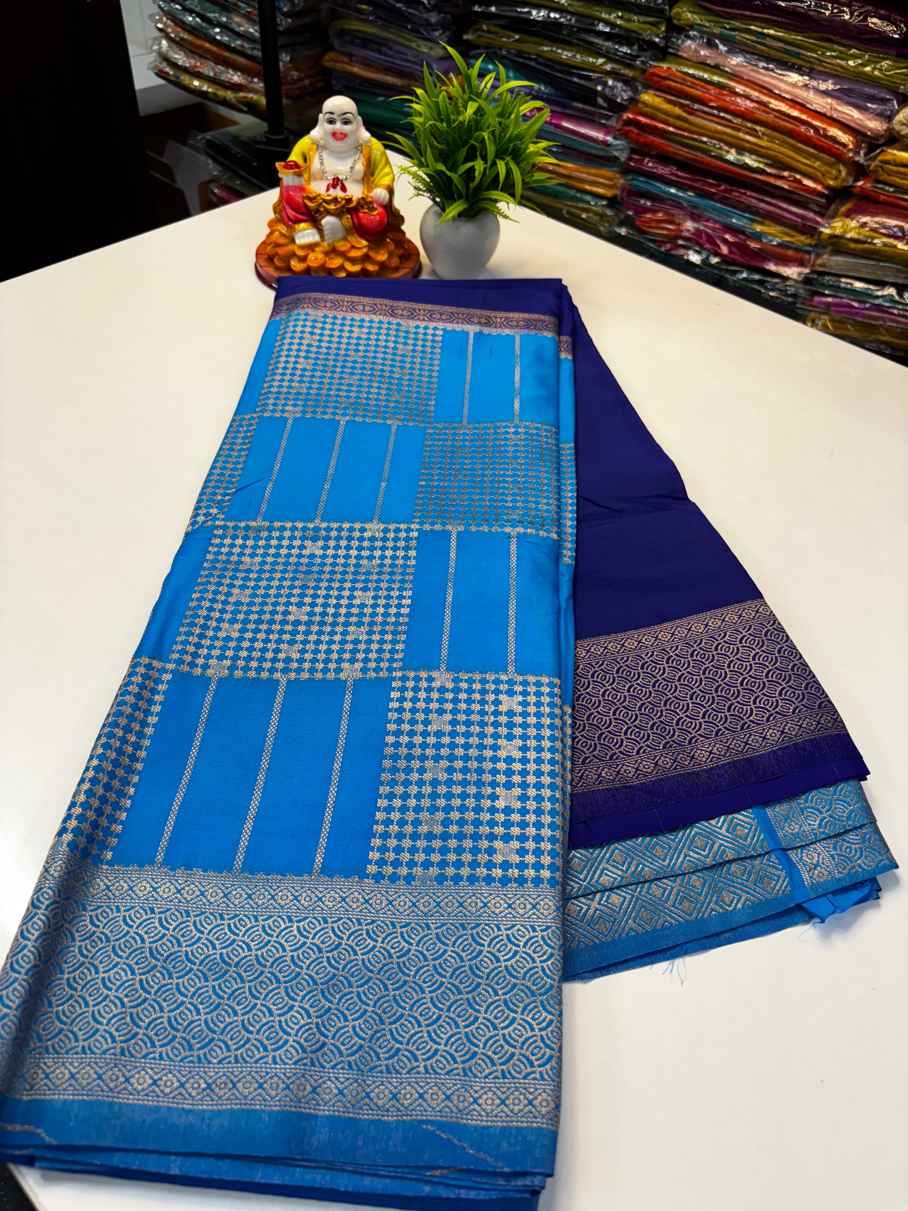Premium Mysore Crepe Silk Saree with Rich Pallu and Brocade Blouse – Padmavathi Silks and Sarees