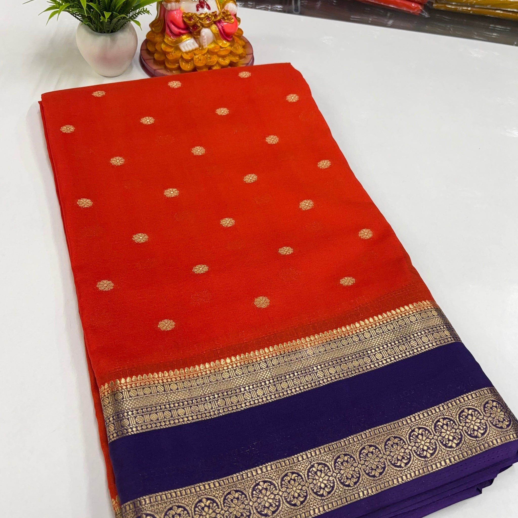 Mysore Crepe Silk Saree with Rich Pallu & Elegant Buttas