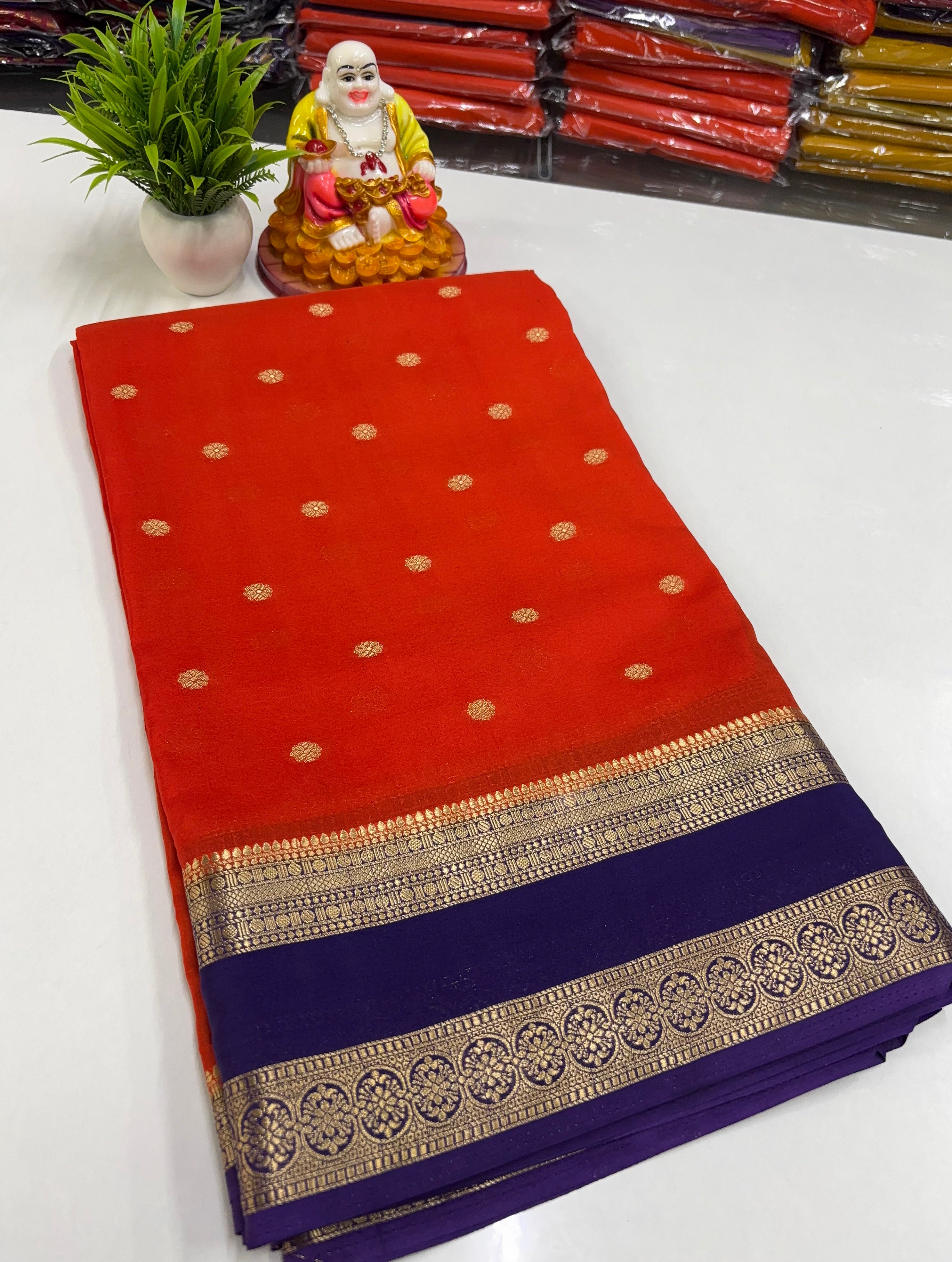 Mysore Crepe Silk Saree with Rich Pallu & Elegant Buttas
