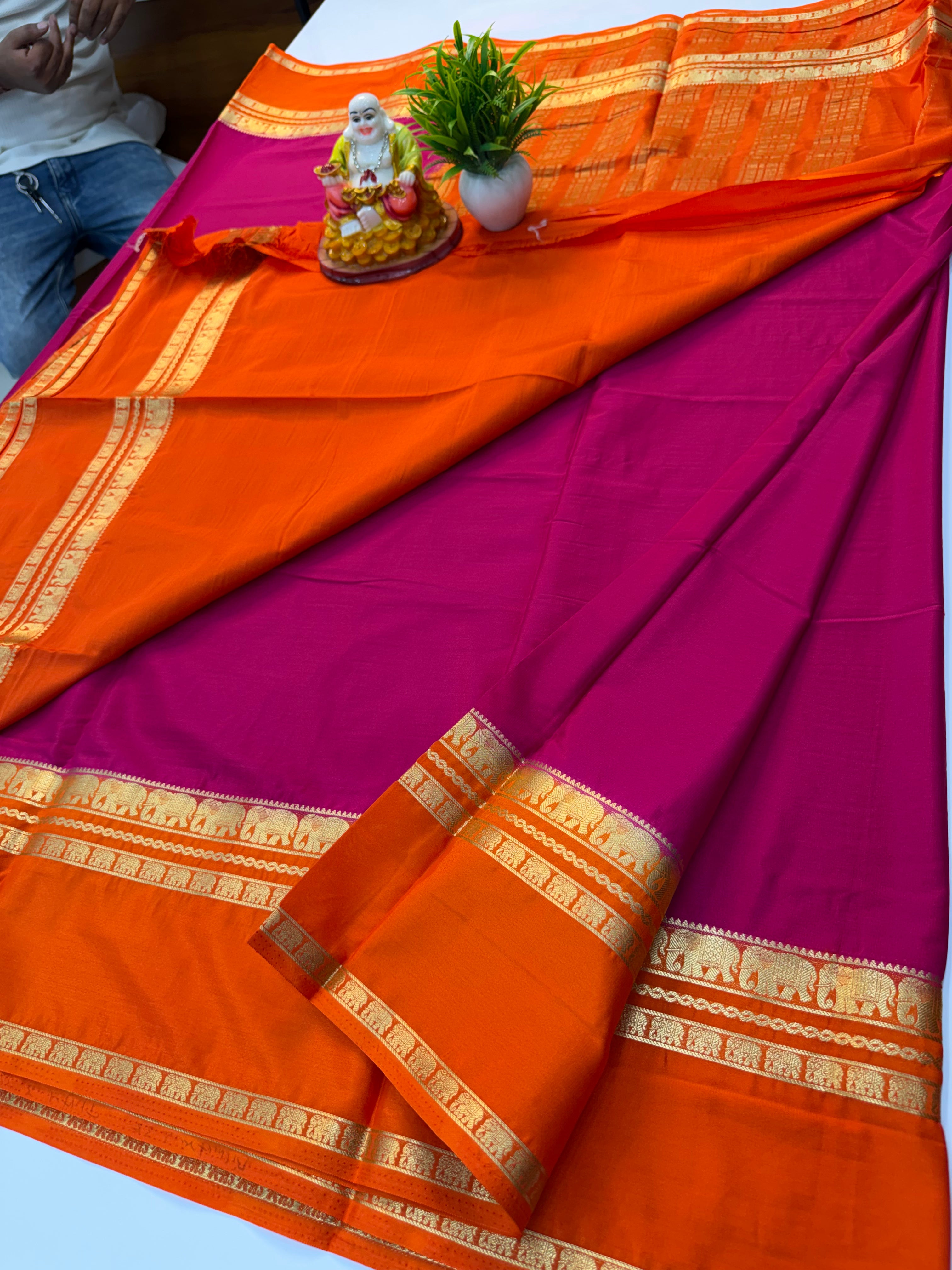 Premium Mysore Crepe Silk Saree with Elephant Bentex Border – By Padmavathi Silks and Sarees