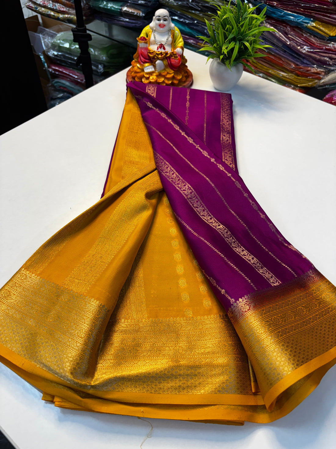PREMIUM mysore crape silk saree with rich pallu and butta blouse need shopify made from padmavathi silks and sarees